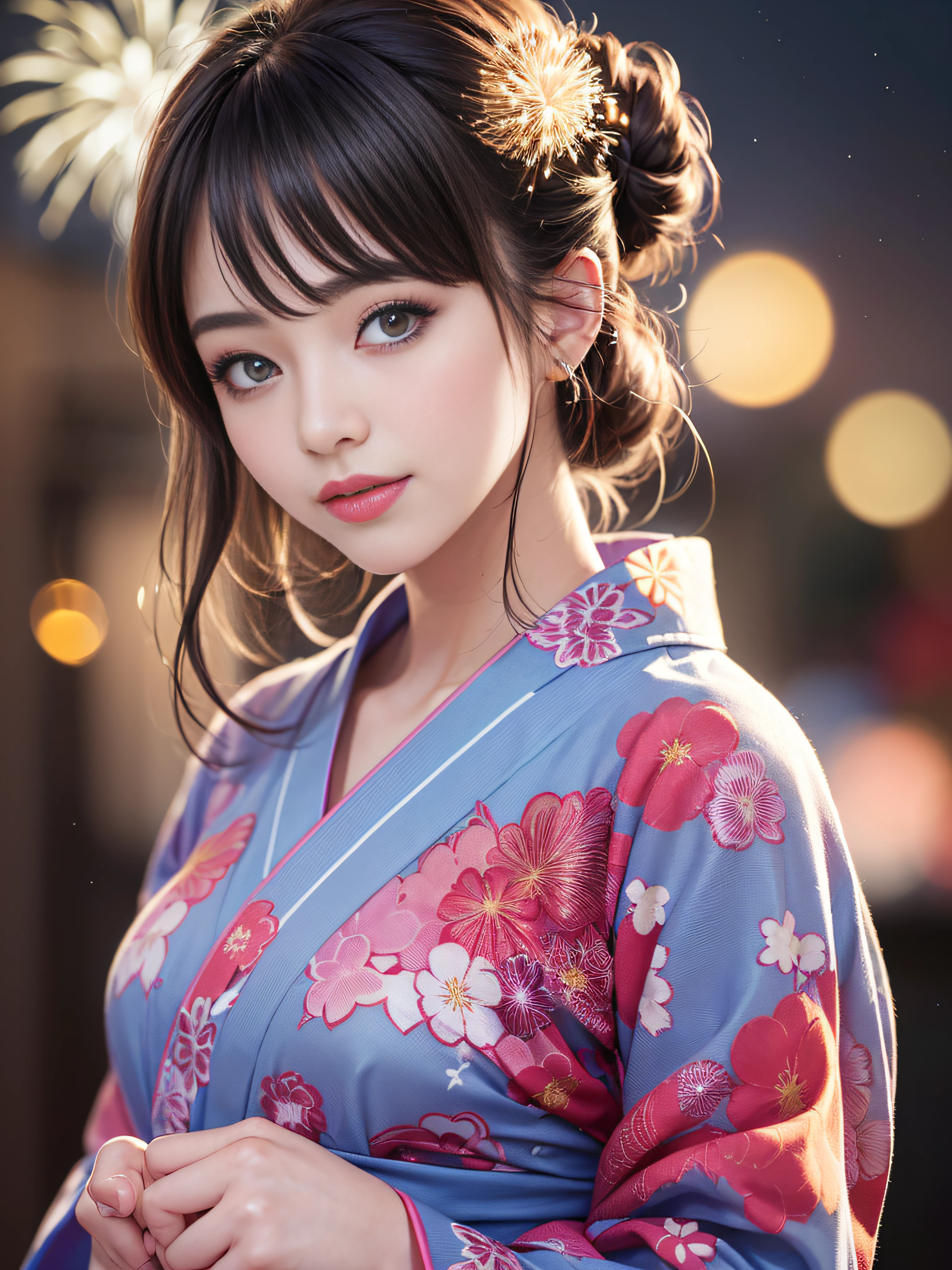 (realistic, photo-realistic:1.37), (masterpiece:1.2), (best quality:1.4), (ultra high res:1.2),(RAW photo:1.2), (sharp focus:1.3), (face focus:1.2), vibrant details, hyperrealistic, (full body:1.37), (1girl wearing detailed yukata:1.5), (23yo:1.1), (happy smile:1.35), (extremely detailed beautiful face and eyes:1.4), (extremely detailed beautiful hair:1.4),delicate composition,(posing:1.2), (young hands:1.2), medium breast, flower hair ornament,(Updo hair:1.3),( lipgloss, eyelashes, gloss-face, glossy skin, best quality, ultra highres, depth of field, chromatic aberration, caustics, Broad lighting, natural shading,Kpop idol:1.2) looking at viewer with a serene and goddess-like happiness,BREAK, (Beautiful fireworks in the night sky background:1.2),(japanese summer festival:1.1), scenery, bangs, beautiful detailed eyes, makeup, looking at viewer, (cute), (soft lighting), finely detail,
