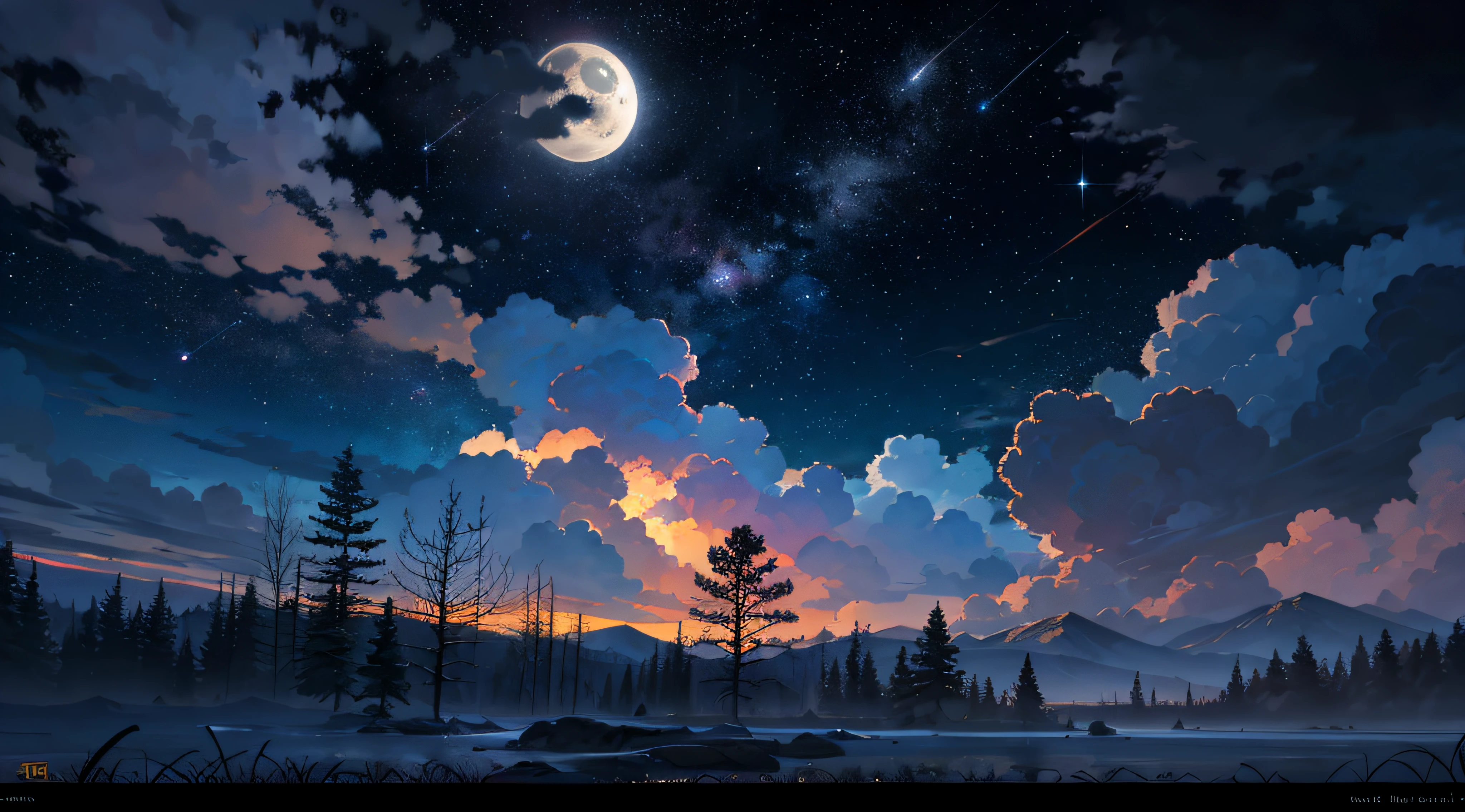 Expansive landscape photograph，（moon full：1.2），（meteors：0.9），（Starcloud：1.3），Far Mountain, Tree BREAK making art，（Warm light source：1.2），（glowworm：1.2），lamp lights，Lots of purple and orange，Complicated details，Volumetriclighting，Realism BREAK（tmasterpiece：1.2），（best qualtiy），4K，Ultra-detailed，（dynamic compositions：1.4），The is very detailed，Colorful details，（Irridescent color：1.2），（luminouslighting，Atmospheric lighting），dream magical，magical，（独奏：1.2），（（best qualtiy））， （（tmasterpiece））， （the detail：1.4），depth of fields，maximum definition and sharpness，perfectly proportions，Fluttering clouds，Wallpapers