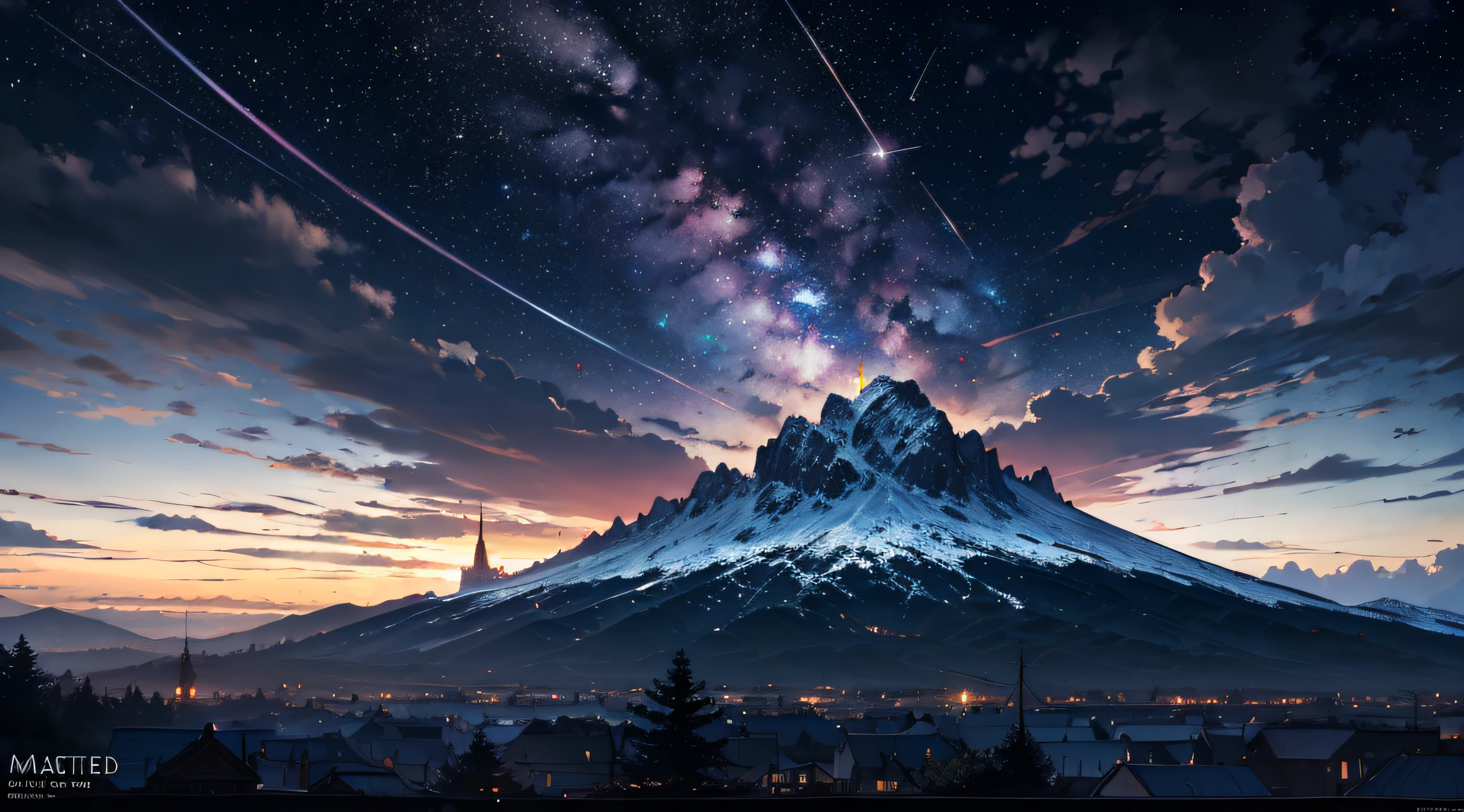 Expansive landscape photograph,(moon full:1.2),(meteors:0.9),(Starcloud:1.3),Far Mountain, Tree BREAK making art,(Warm light source:1.2),(glowworm:1.2),lamp lights,Lots of purple and orange,Complicated details,Volumetriclighting,Realism BREAK(tmasterpiece:1.2),(best qualtiy),4K,Ultra-detailed,(dynamic compositions:1.4),The is very detailed,Colorful details,(Irridescent color:1.2),(luminouslighting,Atmospheric lighting),dream magical,magical,(独奏:1.2),((best qualtiy)), ((tmasterpiece)), (the detail:1.4),depth of fields,maximum definition and sharpness,perfectly proportions,Fluttering clouds,Wallpapers