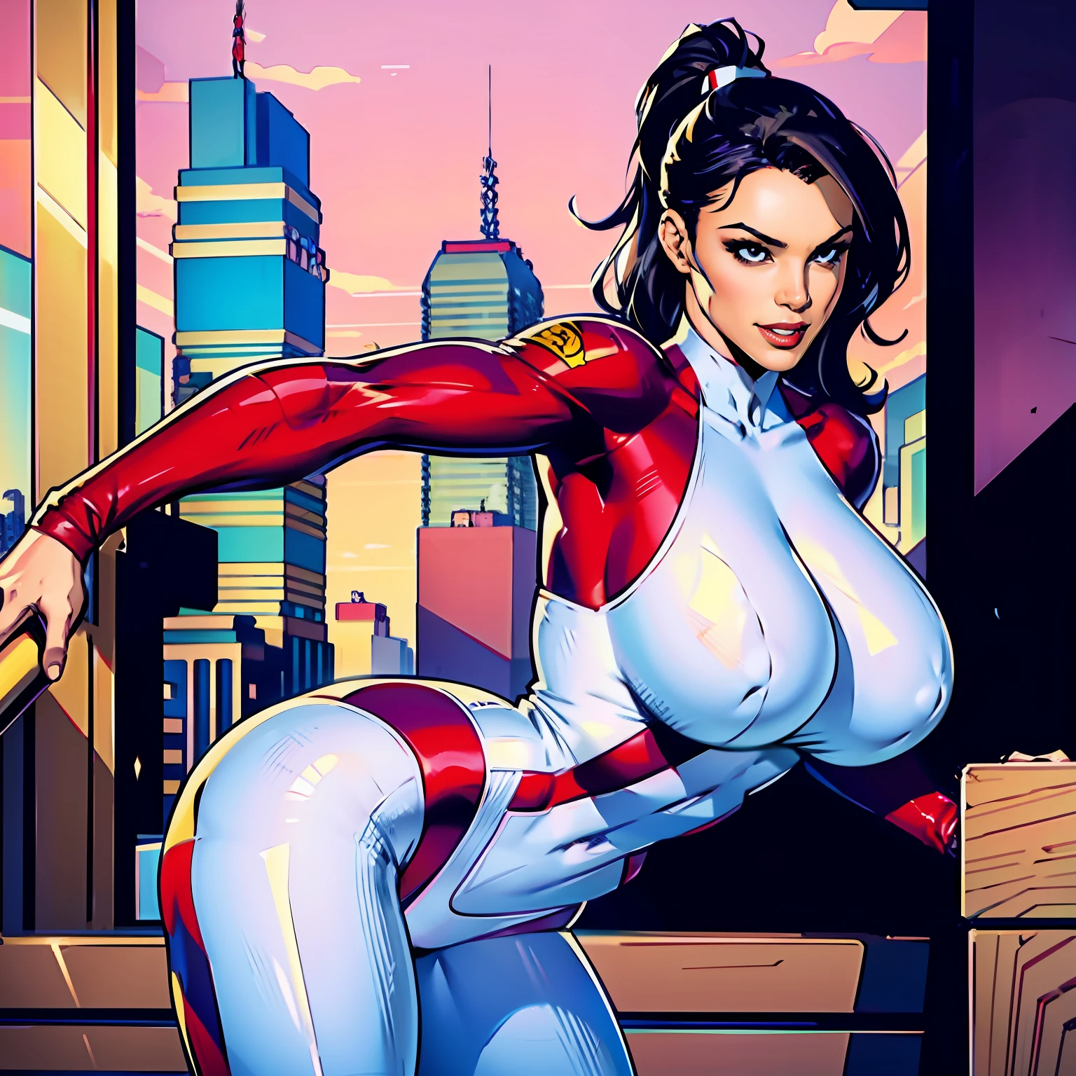 1girl, sexy pose, posing for cameras, hands on hips, Stretcher the busty comic book woman, happy, smiling, stretching, hand on hip, long hair, huge ponytail, slim, thin, athletic, womanly, rubbery, elastic woman, (white and red spandex), rubber body, brunette, ((huge breasts)), city, heroic, cheerful, (bold nose, hawkish facial features),