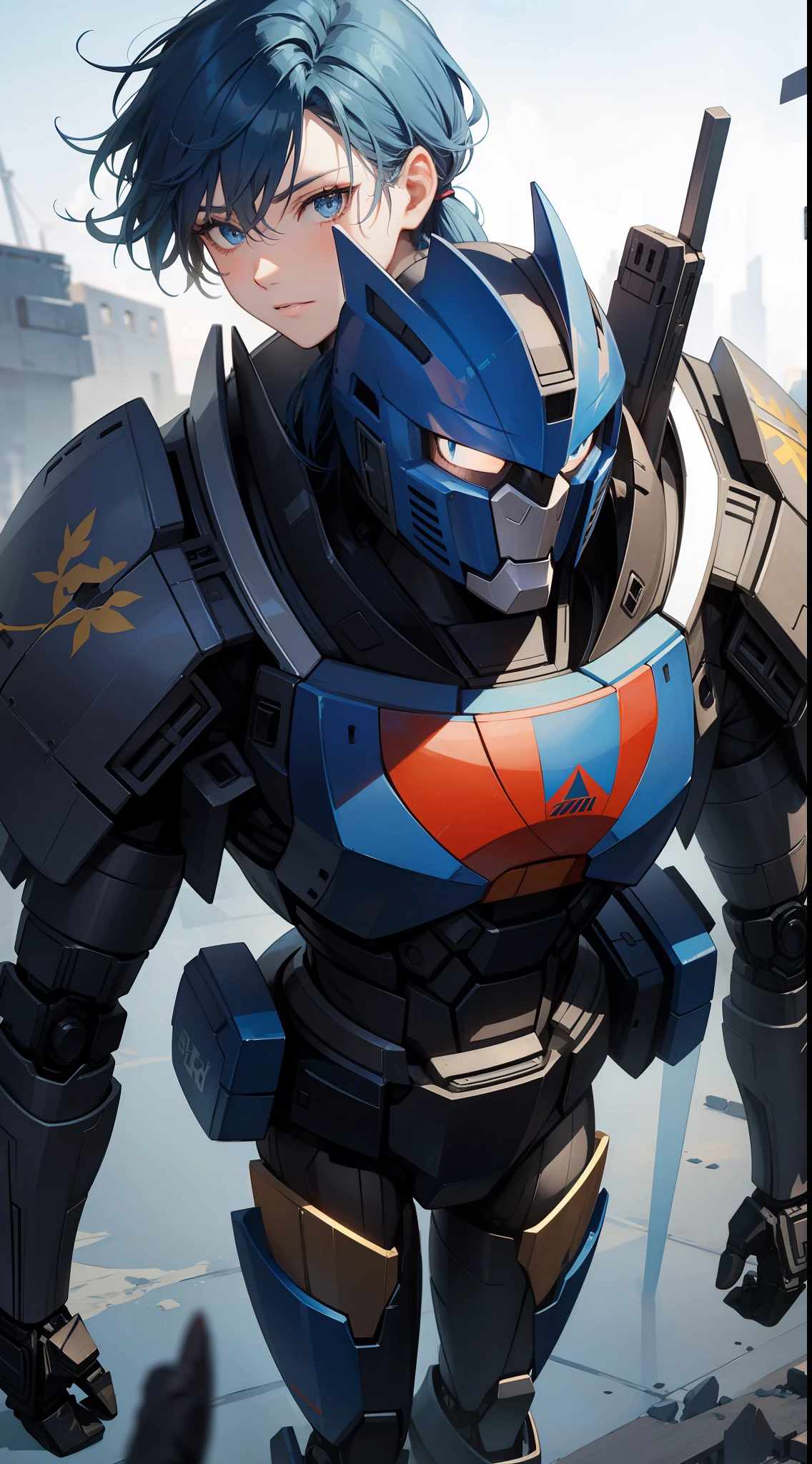 Tall guy, Short blue hair, high ponytail, blue eyes, Autobot armor, mask, Masterpiece, hiquality