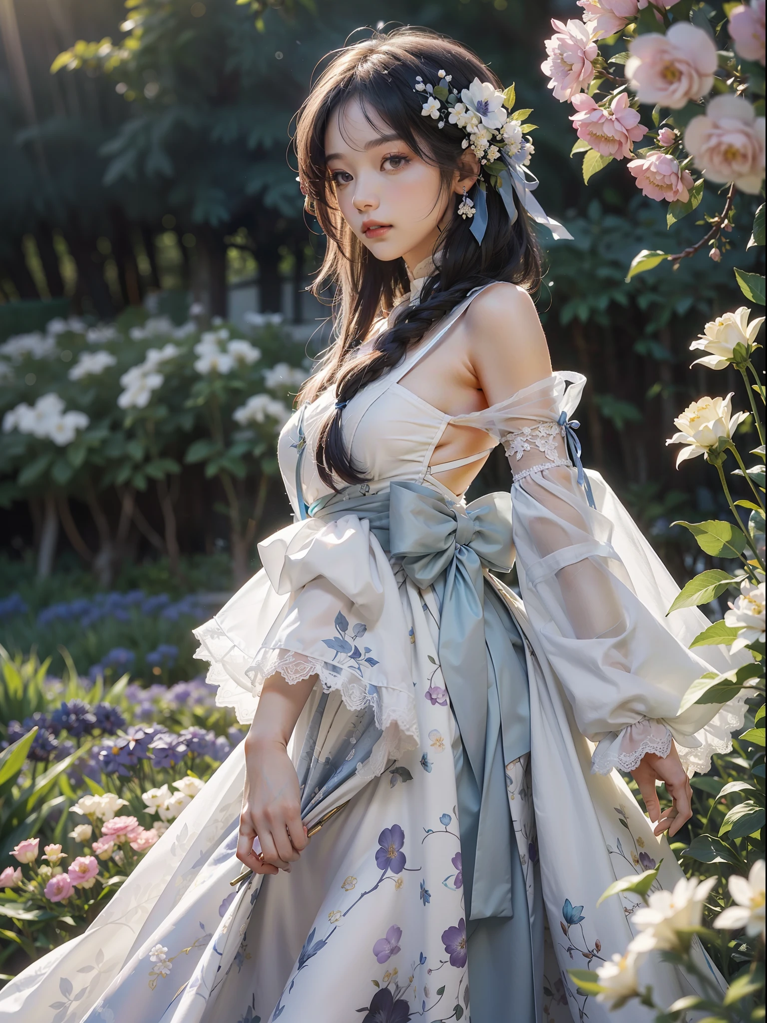 Antique style，Monet's Garden，Monet's art style，Complex gorgeous dark blue background，Covered with flowers，flor branca，blueflower，Purple flowers，one-girl，Delicate white Hanfu，Gray hair fluttering，Hair fluttering，exquisite facial features，Dappled light and shadow，sunshine on face，Highest image quality，The back is covered with flowers，Flowers all around，Covered with white flowers，Exquisite CG masterpiece，teens girl，