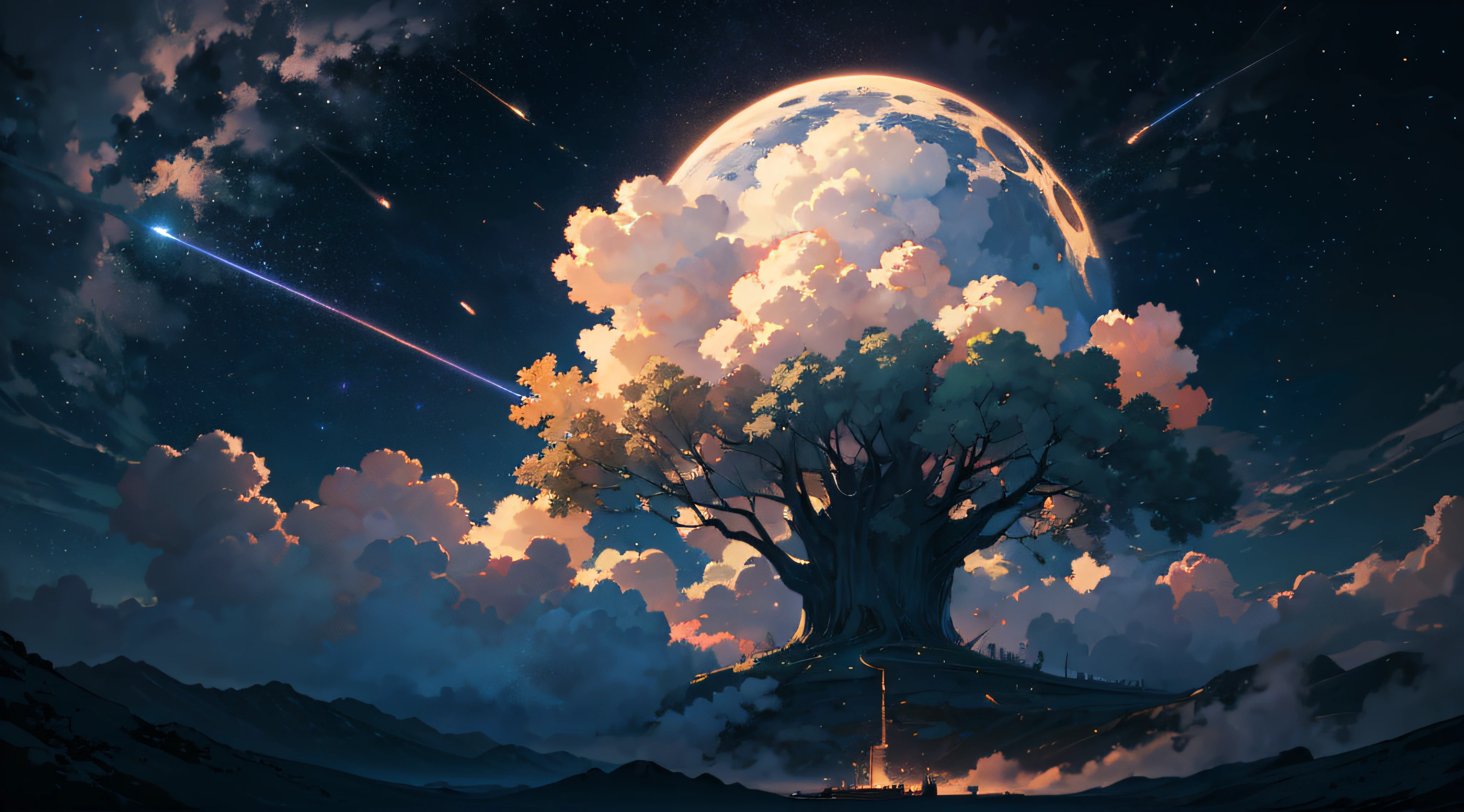 Expansive landscape photograph,(moon full:1.2),(meteors:0.9),(Starcloud:1.3),Far Mountain, Tree BREAK making art,(Warm light source:1.2),(glowworm:1.2),lamp lights,Lots of purple and orange,Complicated details,Volumetriclighting,Realism BREAK(tmasterpiece:1.2),(best qualtiy),4K,Ultra-detailed,(dynamic compositions:1.4),The is very detailed,Colorful details,(Irridescent color:1.2),(luminouslighting,Atmospheric lighting),dream magical,magical,(独奏:1.2),((best qualtiy)), ((tmasterpiece)), (the detail:1.4),depth of fields,maximum definition and sharpness,perfectly proportions,Fluttering clouds,Wallpapers