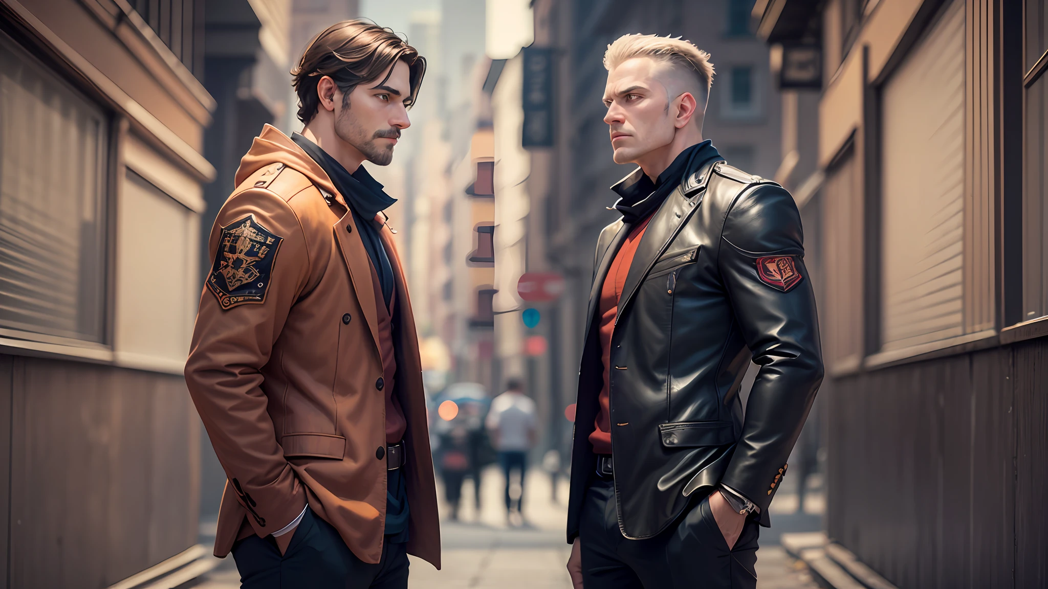 In a captivating moment, two men stand side by side, each with a distinct expression that paints a vivid picture. On the left, a man displays an arrogant expression, his lips curling into a smirk that exudes self-assuredness. His posture exudes confidence and dominance, making it clear that he revels in his perceived superiority. On the right, a man wears a mature expression, his eyes reflecting a sense of understanding and composure. There is a quiet strength in his demeanor, a sign of wisdom earned through life's journey. The composition captures the essence of duality—arrogance versus maturity, conceit versus enlightenment—offering a compelling narrative that sparks contemplation. Photo taken by Dorothea Lange with a Sony Alpha 1, preserving this captivating moment in exquisite detail. 8K, Ultra-HD, Super-Resolution. --auto --s2