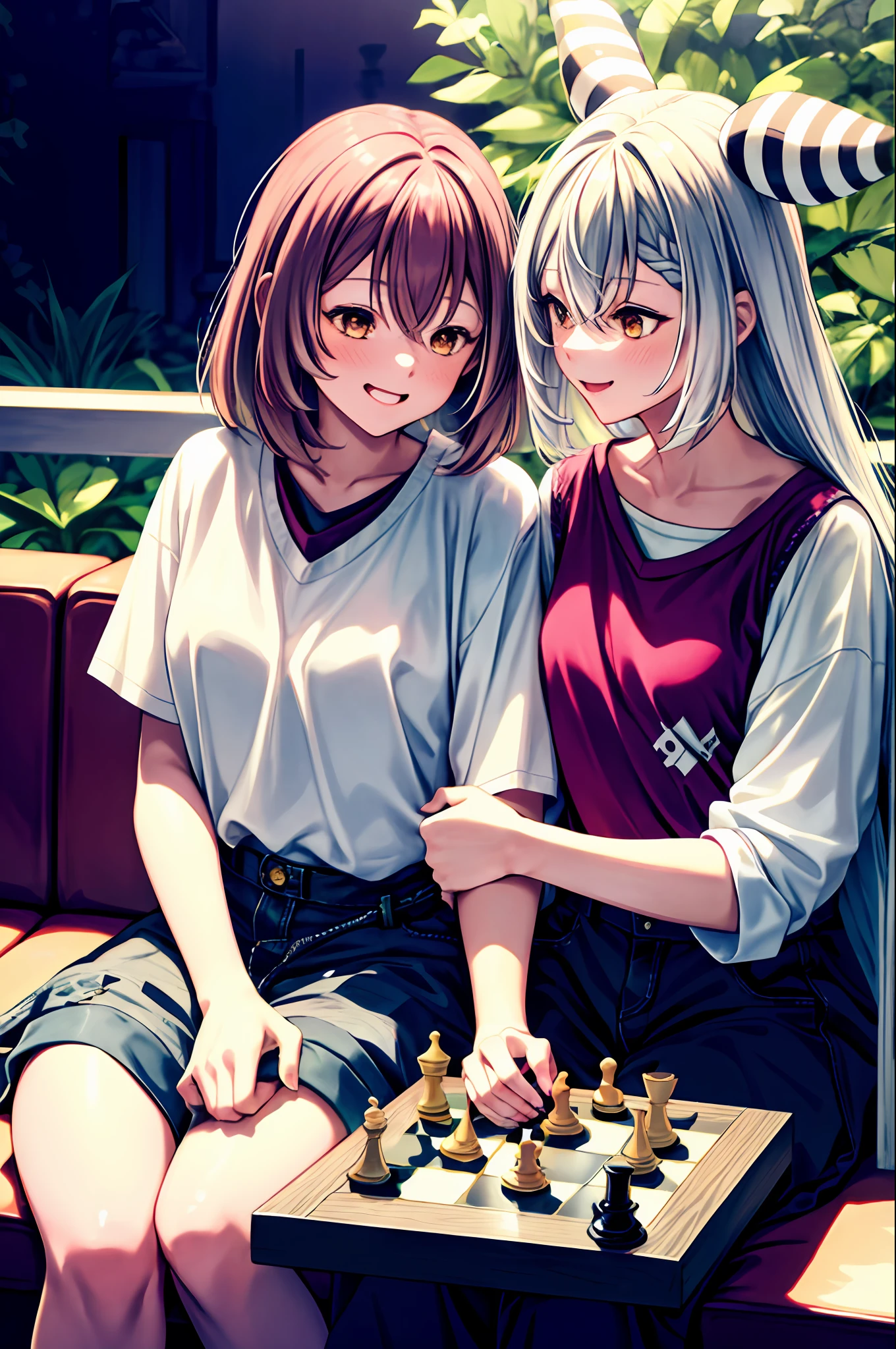 The image shows Nanashi Mumei and Laplus, two girls sitting in front of a chessboard. They are both dressed in casual clothes and are smiling while playing. The lighting is perfect, bringing out her features and details. Nanashi Mumei is wearing a uniquely designed T-shirt and shorts, while Laplus is wearing a shirt and jeans. Both girls have a relaxed and friendly posture, as if they are sharing a moment of friendship and mutual respect. The image is of high quality, with high resolution image quality, and perfect lighting. The chessboard and pieces look sharp and detailed, making the image more realistic and exciting. The image shows two talented girls with a passion for chess, united by their love of the game. It's a stunning image that captures the moment two people come together through the game.