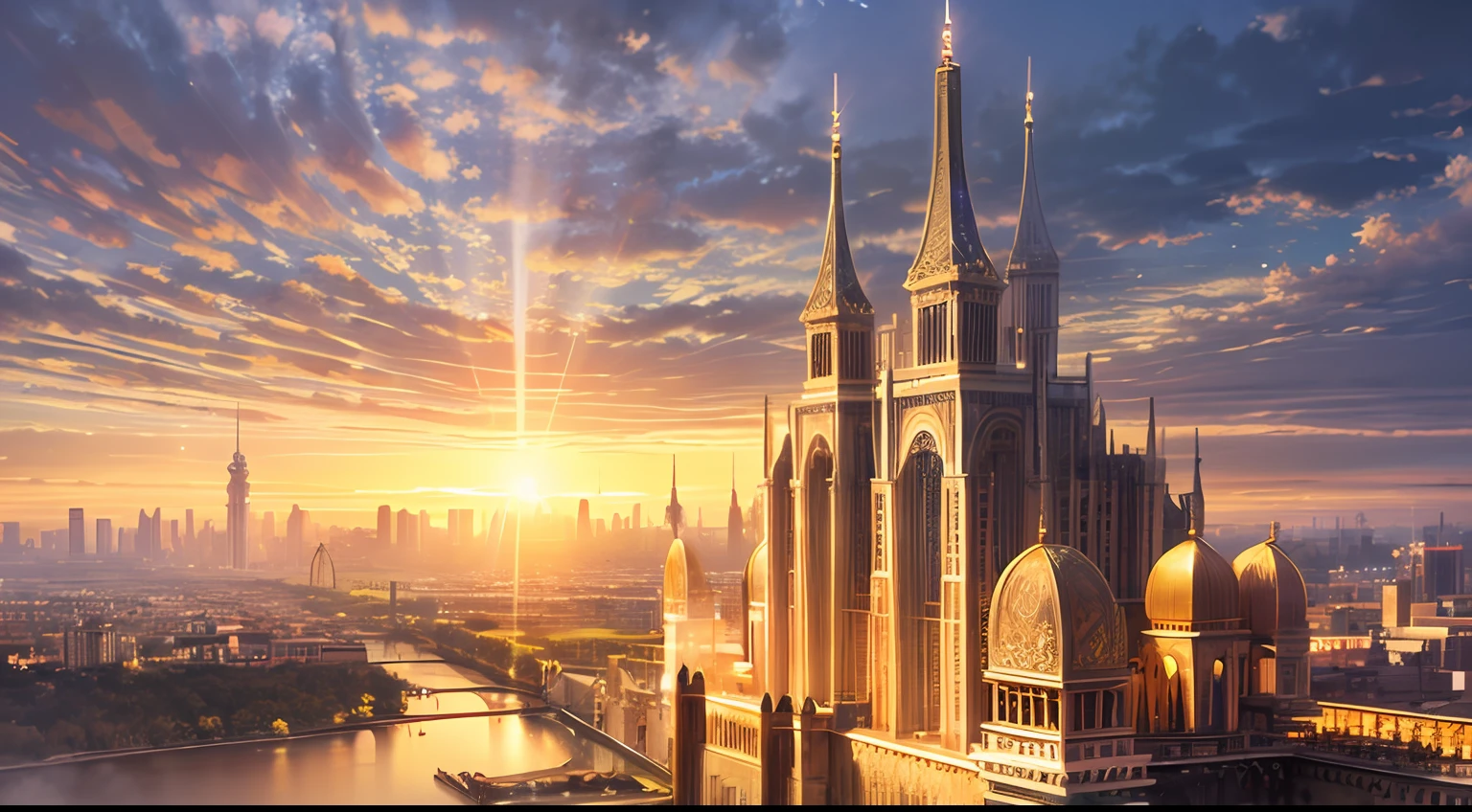 high details, best quality, 8k, [ultra detailed], masterpiece, best quality, (extremely detailed), ultra wide shot, RAW, photorealistic, fantasy art, dnd art, rpg art, a picture of a fantasy big city (1.6 intricate details, Masterpiece, best quality) , with a temple (1.5 intricate details, Masterpiece, best quality), magical tower (1.6 intricate details, Masterpiece, best quality), city walls (1.6 intricate details, Masterpiece, best quality), towers, complete buildings view, a view from above, day light, clouds, divine light, sun light, sun rays, 3d rendering