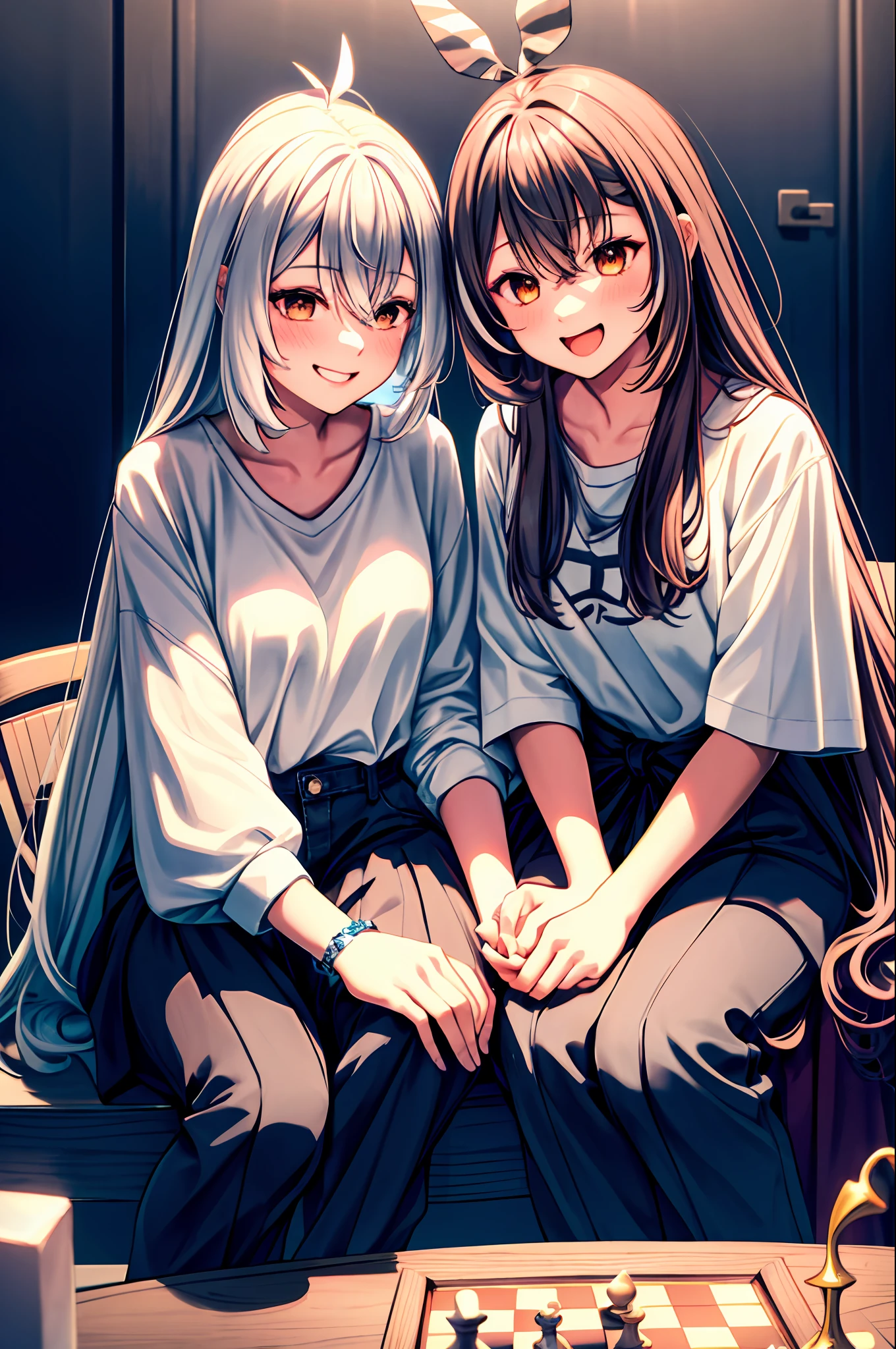 The image shows Nanashi Mumei and Laplus, two girls sitting in front of a chessboard. They are both dressed in casual clothes and are smiling while playing. The lighting is perfect, bringing out her features and details. Nanashi Mumei is wearing a uniquely designed T-shirt and shorts, while Laplus is wearing a shirt and jeans. Both girls have a relaxed and friendly posture, as if they are sharing a moment of friendship and mutual respect. The image is of high quality, with high resolution image quality, and perfect lighting. The chessboard and pieces look sharp and detailed, making the image more realistic and exciting. The image shows two talented girls with a passion for chess, united by their love of the game. It's a stunning image that captures the moment two people come together through the game.