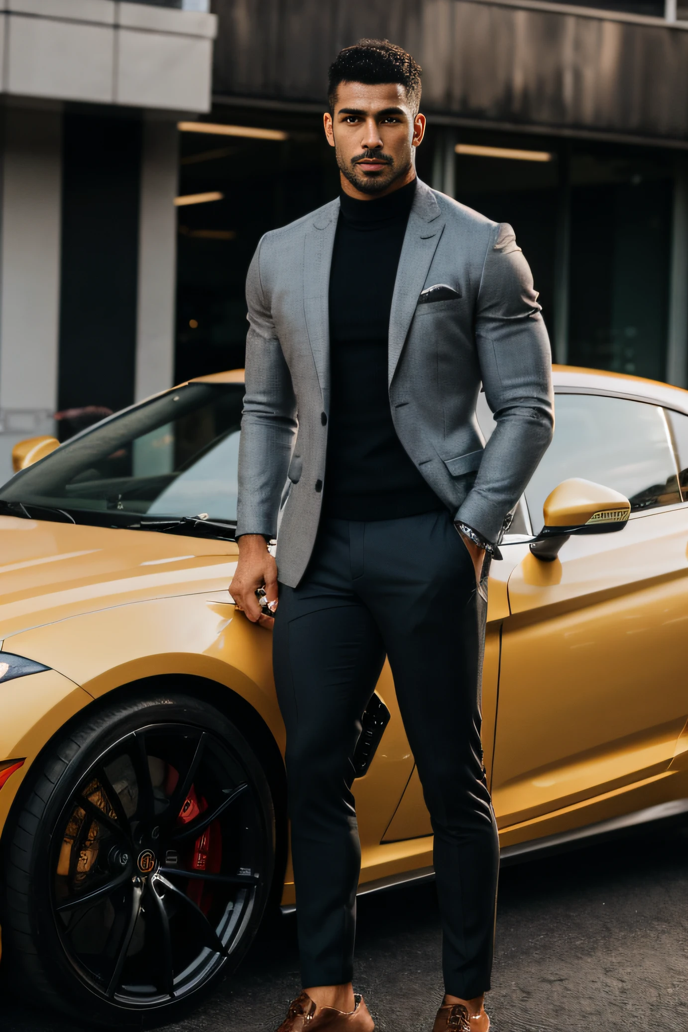 RAW photo, A handsome Brazilian fitness man, standing next to a sports car, The face is well defined, serious face, elegant clothes, high quality photo, maximum quality, (highly detailed skin: 1)