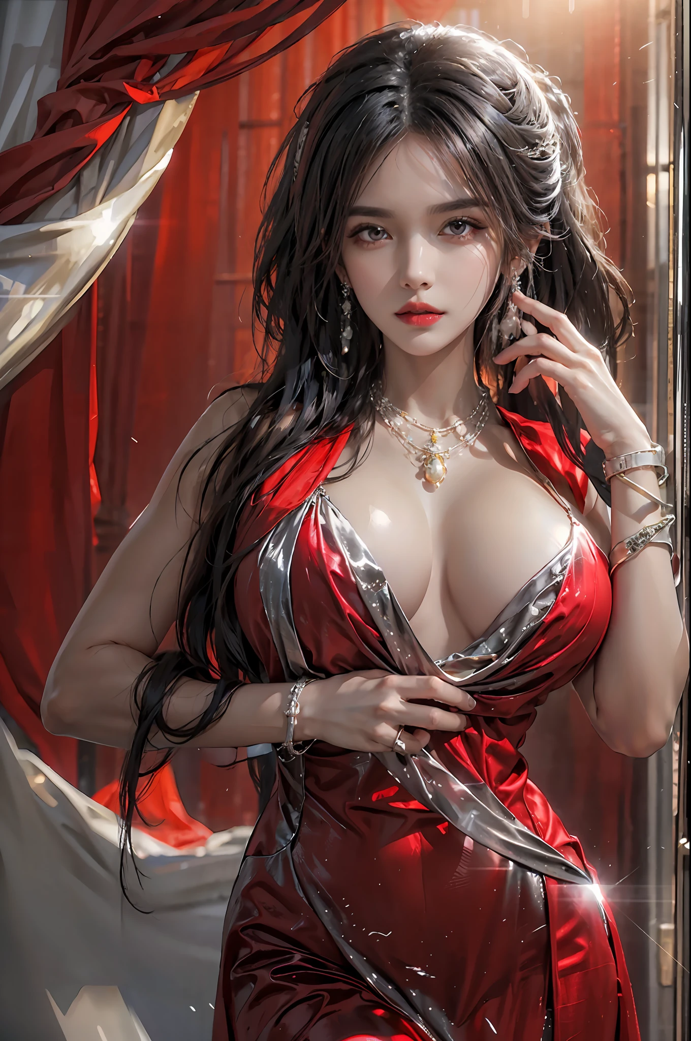 photorealistic, high resolution, 1 woman, solo, hips up, beautiful eyes, black hair, long hair, huge breast, bracelets,elegant necklace, elegant diamond earrings, stlouis, red dress, revealing clothes