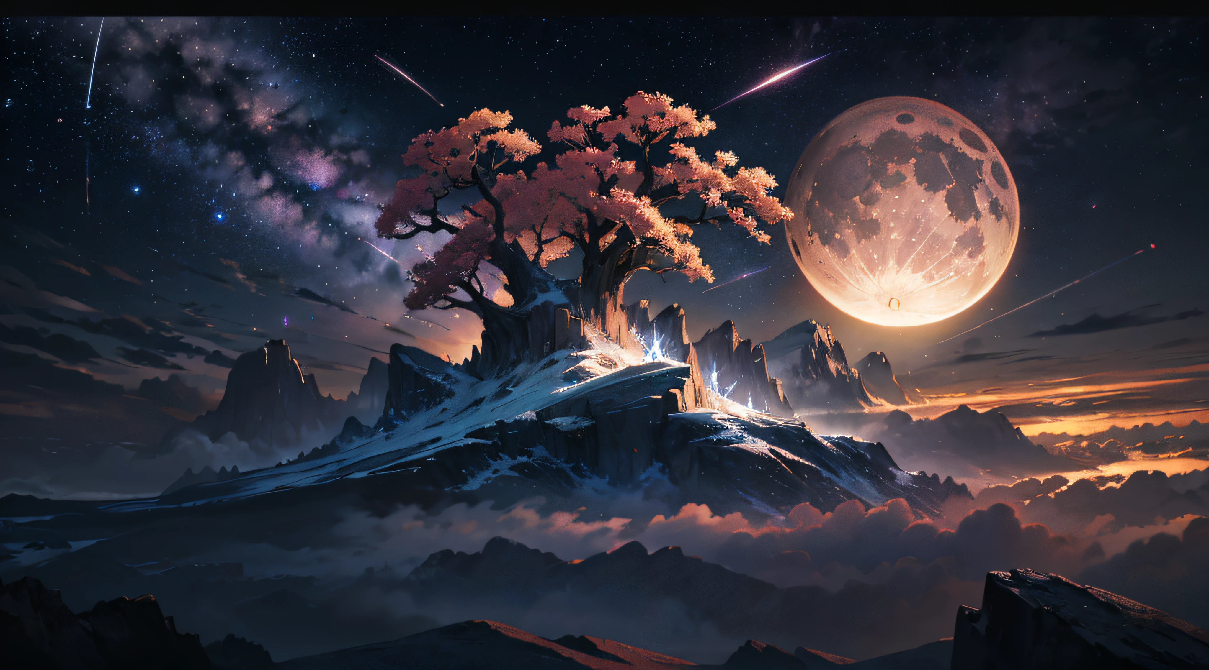 Expansive landscape photograph,(moon full:1.2),(meteors:0.9),(Starcloud:1.3),Far Mountain, Tree BREAK making art,(Warm light source:1.2),(glowworm:1.2),lamp lights,Lots of purple and orange,Complicated details,Volumetriclighting,Realism BREAK(tmasterpiece:1.2),(best qualtiy),4K,Ultra-detailed,(dynamic compositions:1.4),The is very detailed,Colorful details,(Irridescent color:1.2),(luminouslighting,Atmospheric lighting),dream magical,magical,(独奏:1.2),((best qualtiy)), ((tmasterpiece)), (the detail:1.4),depth of fields,maximum definition and sharpness,perfectly proportions,Fluttering clouds,Wallpapers