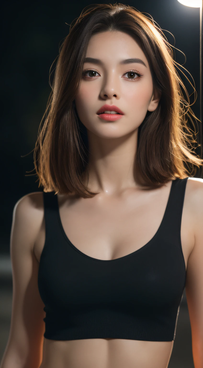 ((Realistic lighting, Best quality, 8K, Masterpiece: 1.3)), Clear focus: 1.2, 1girl, Perfect Figure: 1.4, Slim Abs: 1.1, ((Dark brown hair)), (White crop top: 1.4), (Outdoor, Night: 1.1), City streets, Super fine face, Fine eyes, Double eyelids,