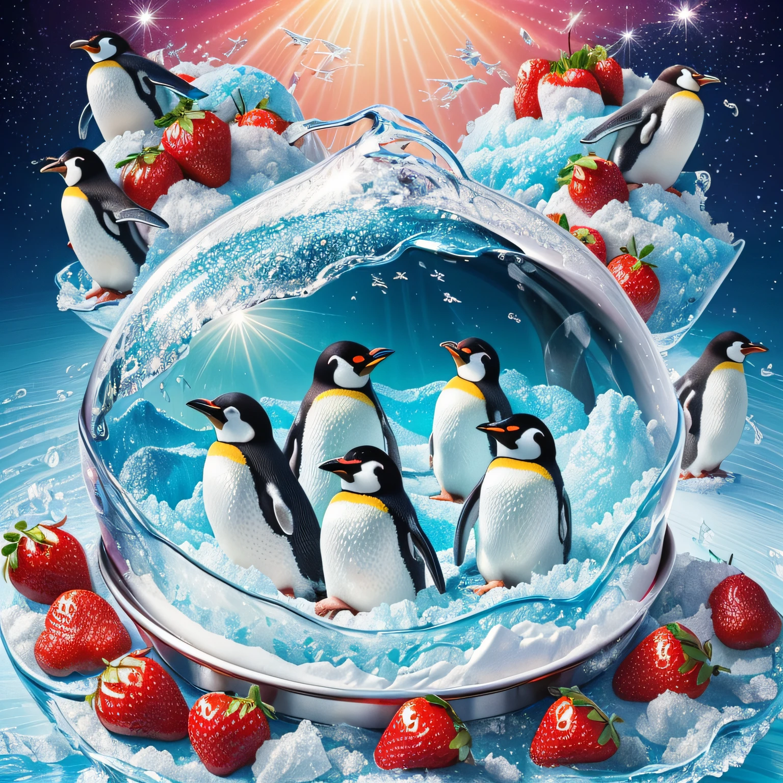 (​masterpiece、top-quality、top-quality、ighly detailed、colourfull、highestdetailed 、(ultra-detailliert)、(A highly detailed )、extremely delicate and beautiful、ciinematic light、A flock of penguins swimming in shaved ice、Strawberry syrup