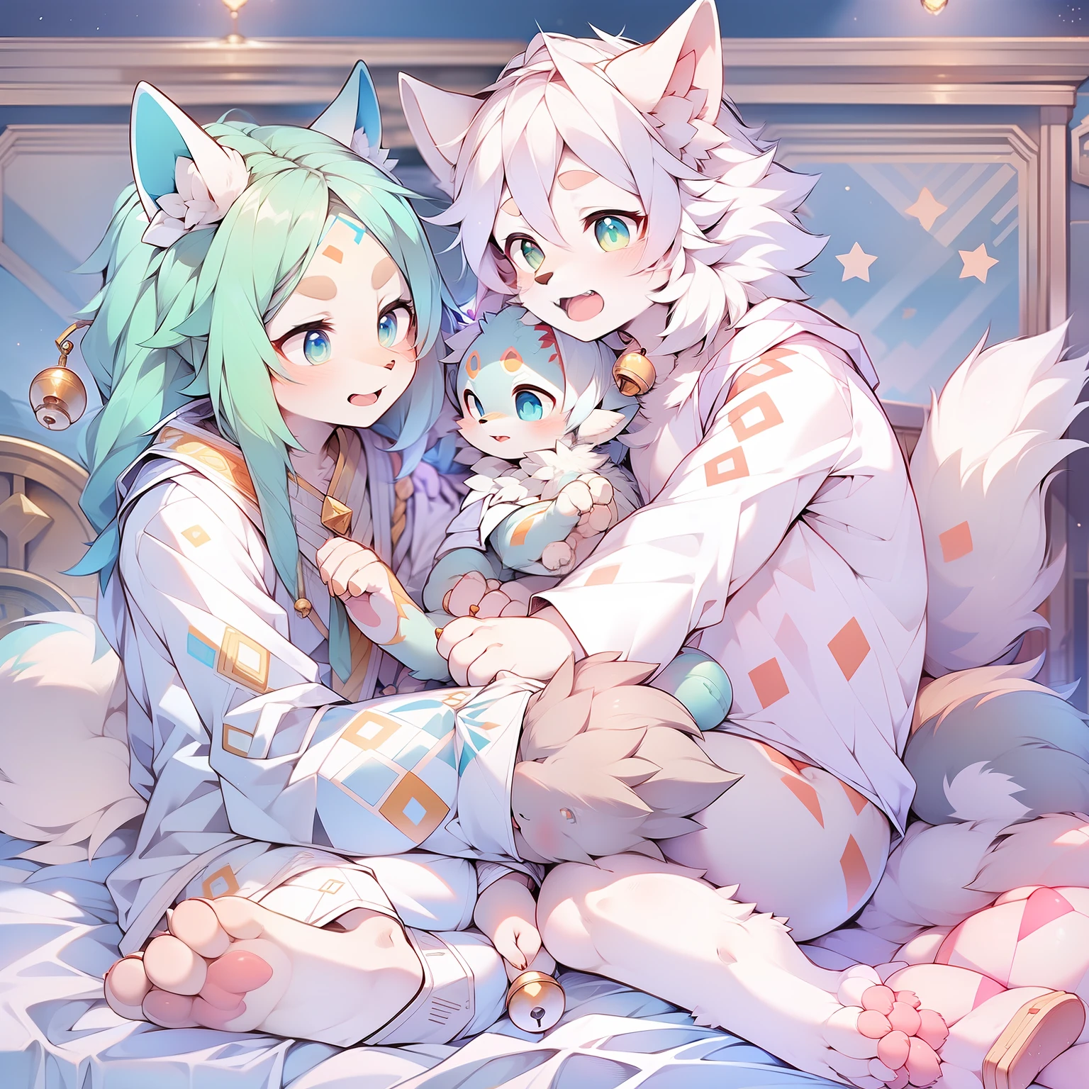 One is a sky-blue body,Pale green pupils,Special pattern hair at the knees and chest,There are pink meat pads,The forehead has a pentagonal white pattern,The ears have one or two diamond-shaped white patterns,The upper part of the ear hair is yellow,Dull hair is sky blue, The hair on the lower part is white,Wolf with bells。The background is in bed,Licking someone else's foot