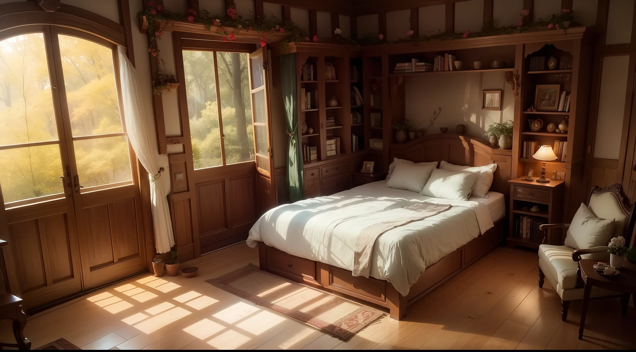 Inside the fairy house、In a fantasy space with dreams、living room、kitchin、The bedrooms blend together elegantly.。The interior of the house is made of wood and leaves,、Bright and warm atmosphere、Gently illuminated by dancing particles of light。
The living area has、A carpet of large petals in harmony with the soft floral scent covers the floor、It is a place to relax。The walls are decorated with sparkling crystals、Fantastic paintings decorate the room、There is a magical atmosphere in the air。A small window offers a view of the beautiful scenery of the magical forest.、Natural light fills the living room。
The kitchen area has、There are countertops and shelves made of natural stone.、It is full of magic ingredients and utensils with rich colors。Hidden magic recipes for fairies to lovingly cook。
The bedroom area is、a bed of large petals is placed in the center,、Warm light brings peace and dreams。There is a fantastic bookcase in one corner of the room.、Ancient magic books and fairy tales are laid out、Each has a great story