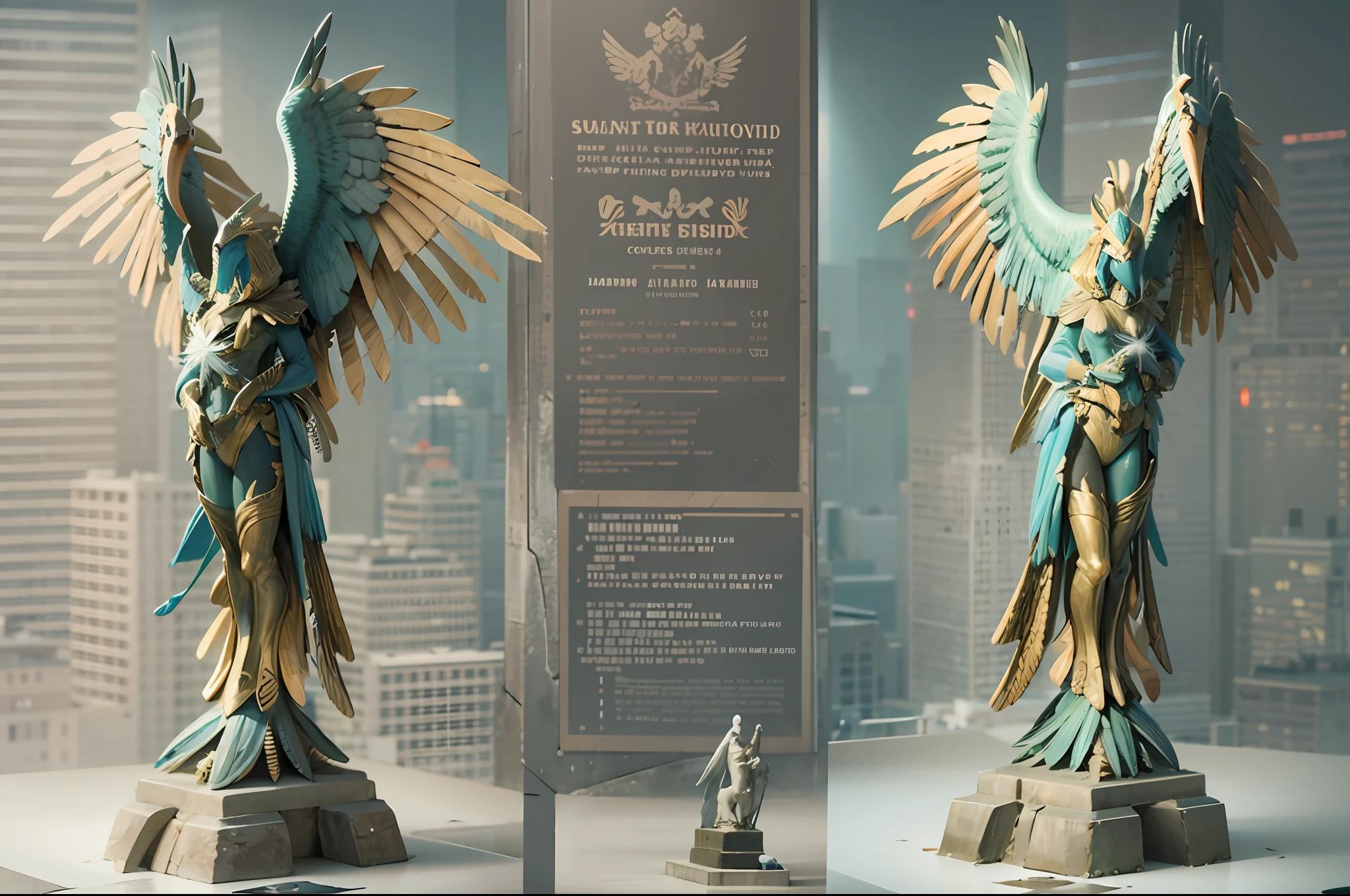 a statue of a giant bird with large wings on top of it's head and wings on it's back, 3 d model, Adam Rex, sumatraism, concept art,pastel colour,hight contrast,(Natural skin texture,ultra-realistic realism,the soft light,Sharp)