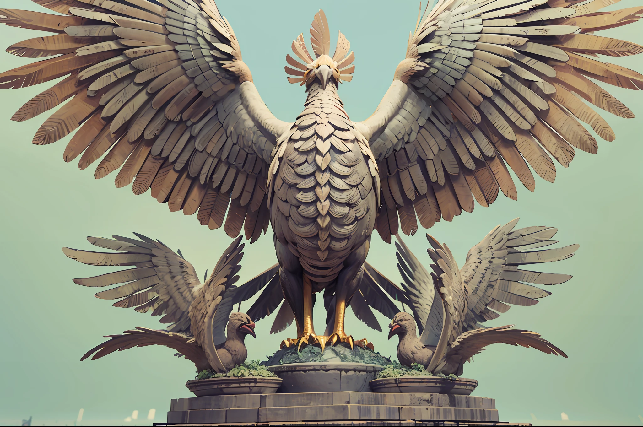a statue of a giant bird with large wings on top of it's head and wings on it's back, 3 d model, Adam Rex, sumatraism, concept art,pastel colour,hight contrast,(Natural skin texture,ultra-realistic realism,the soft light,Sharp)