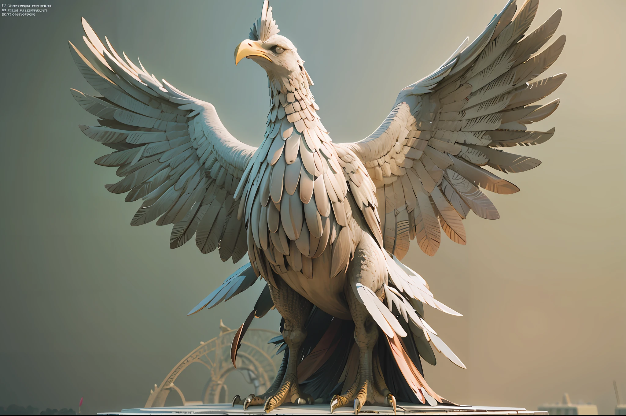 a statue of a giant bird with large wings on top of it's head and wings on it's back, 3 d model, Adam Rex, sumatraism, concept art,pastel colour,hight contrast,(Natural skin texture,ultra-realistic realism,the soft light,Sharp)