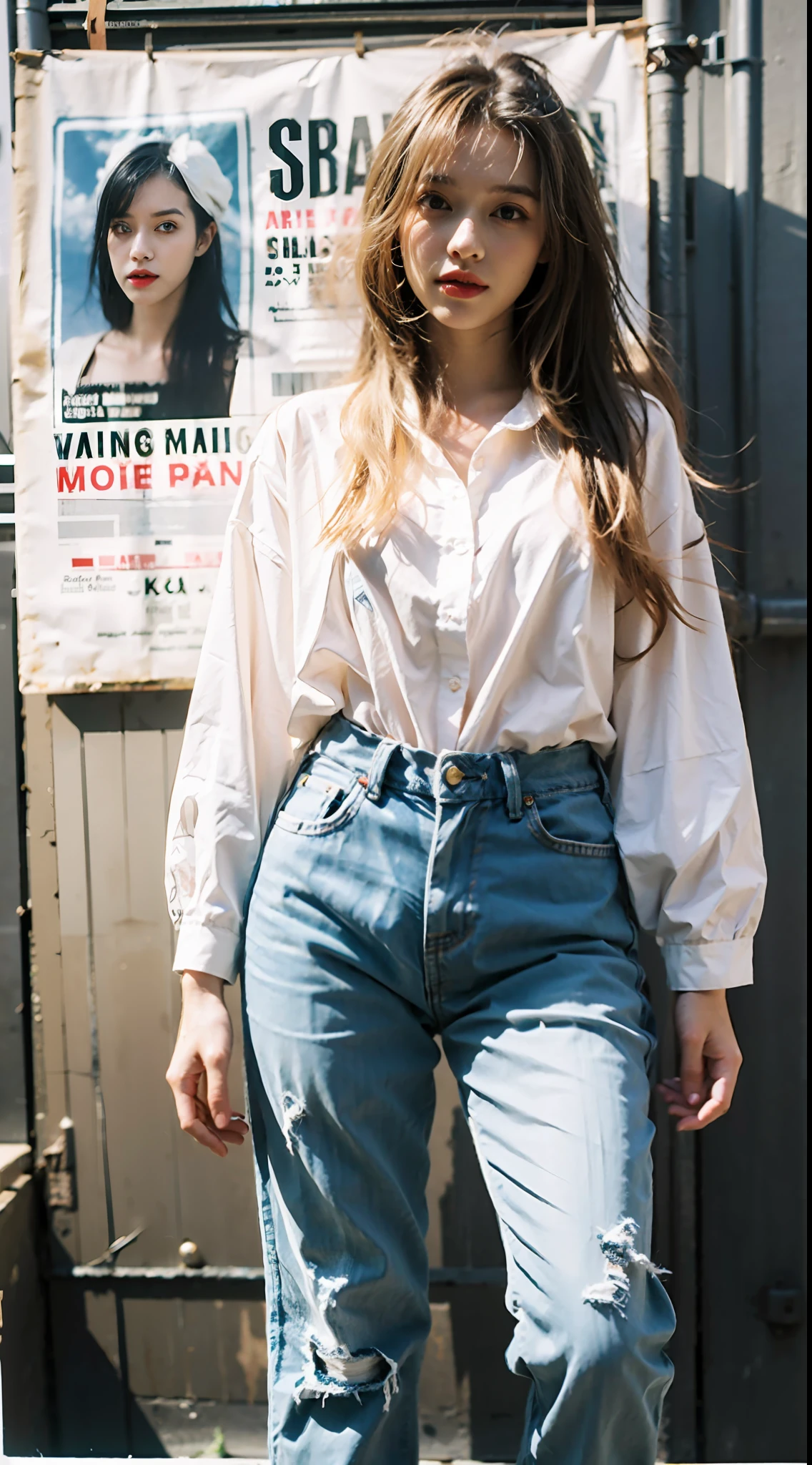 She has long pale yellow hair，Wasteland punk style，Wearing a white shirt，baggy jeans，Long legs，Black-gray tones，Shabby poster wall with background，tmasterpiece,Need,photorealestic，k hd，photography lighting，16k