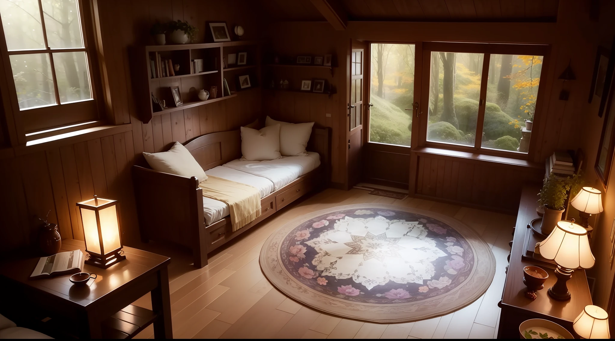 Inside the fairy house、In a fantasy space with dreams、livingroom、kitchin、The bedroom is elegantly harmonious.。The interior of the house is made of wood and leaves,、Bright and warm atmosphere、Gently illuminated by dancing particles of light。

The living area has、A carpet of large petals in harmony with the soft floral scent covers the floor、It's a place to relax。The walls are decorated with shimmering crystals、Fantastic paintings decorate the room、There is a magical atmosphere in the air。Small windows offer beautiful views of the Enchanted Forest.、Natural light fills the living room。

The kitchen area has、There are countertops and shelves made of natural stone.、It is full of magic materials and tools with rich colors。Hidden magic recipes for fairies to lovingly cook。

The bedroom area is、A bed of large petals is placed in the center,、Warm light brings peace and dreams。There's a great bookshelf in one corner of the room.、Ancient magic books and fairy tales are laid out、Each has a great story