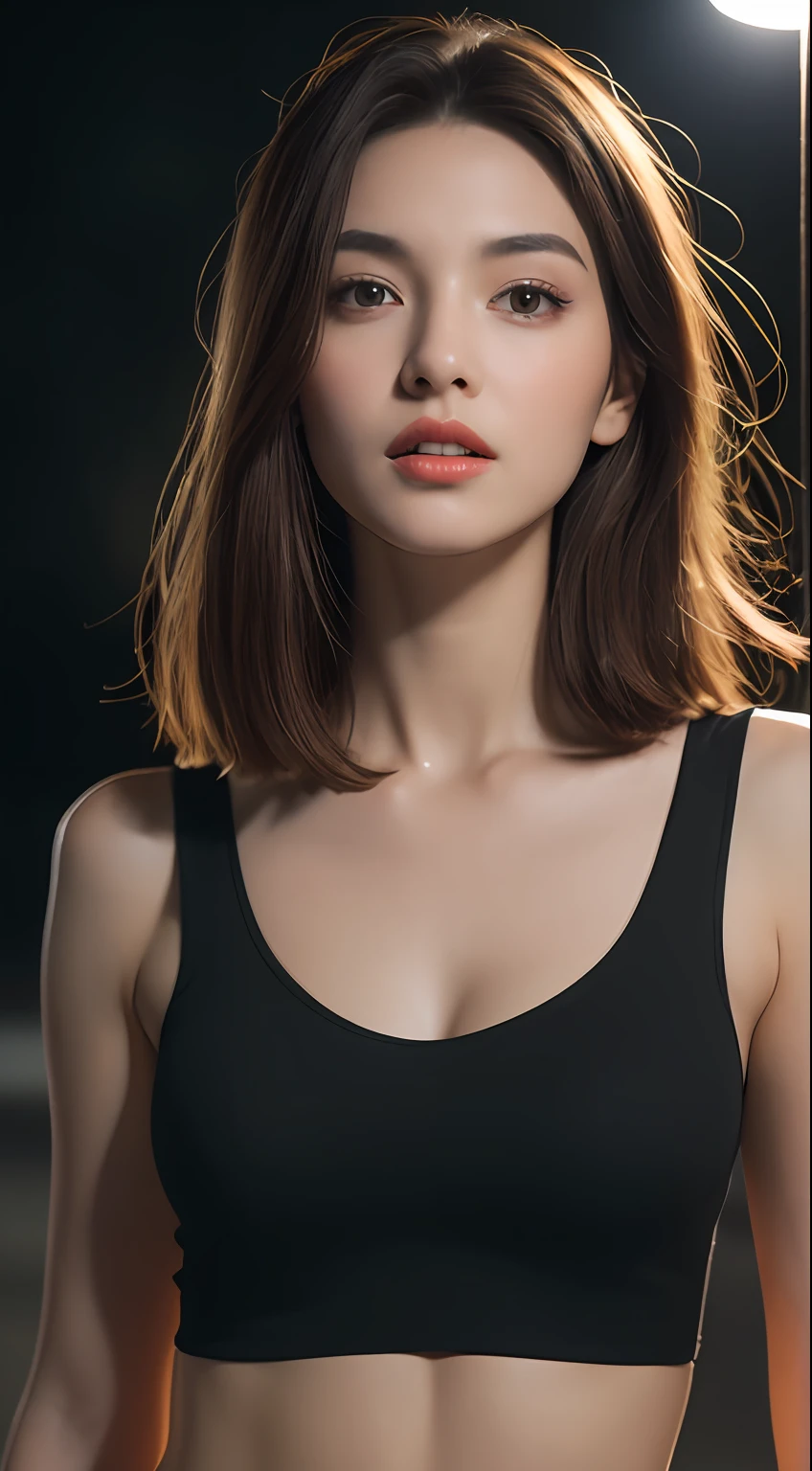((Realistic lighting, Best quality, 8K, Masterpiece: 1.3)), Clear focus: 1.2, 1girl, Perfect Figure: 1.4, Slim Abs: 1.1, ((Dark brown hair)), (White crop top: 1.4), (Outdoor, Night: 1.1), City streets, Super fine face, Fine eyes, Double eyelids,