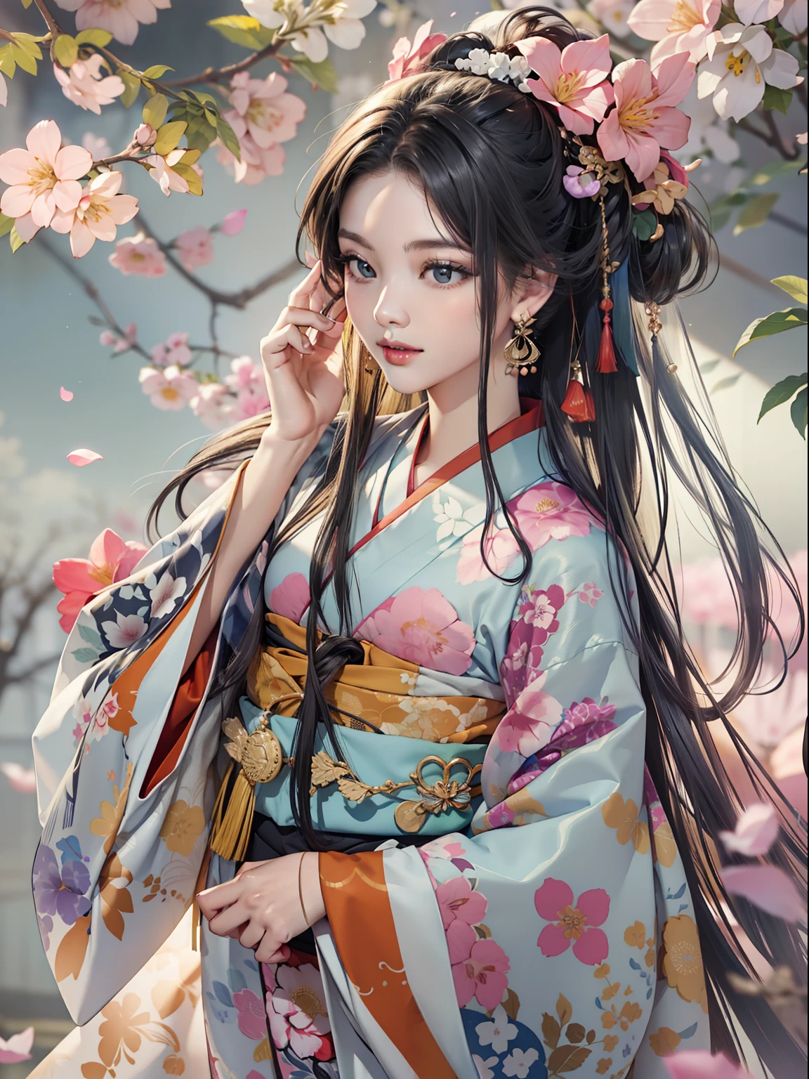 Mature girl、A Japanese Lady、Long Black Hair、Do not tie your hair back、No ponytail、A slight smile、Black-haired、Colorful Japan kimono、Nishijin Ori、Delicate and smart eyes、intricate damask hanfu、Luxury accessories、FOV、F1.8、masterpiece、complex scenes、flower petals flying、Diagonal portrait shot、