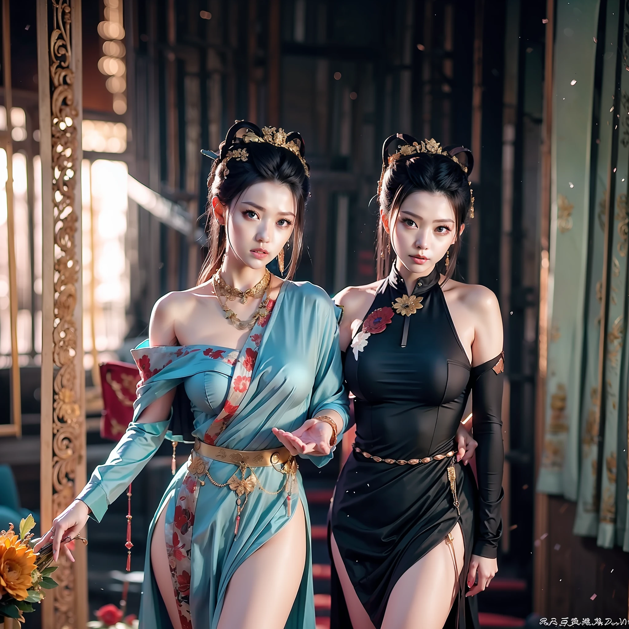 bluer hair:1.2,Short hair,femele,Ancient Chinese street scene,Rainy days,Blue cheongsam tight one-piece slit,Broad bare breasts,The skirts parted,Satin,Full-body image,Wet dripping,Holding a green dragon sword in his hand,The sword body is bubbling with cold light,Facial moisture,Expose the collarbone