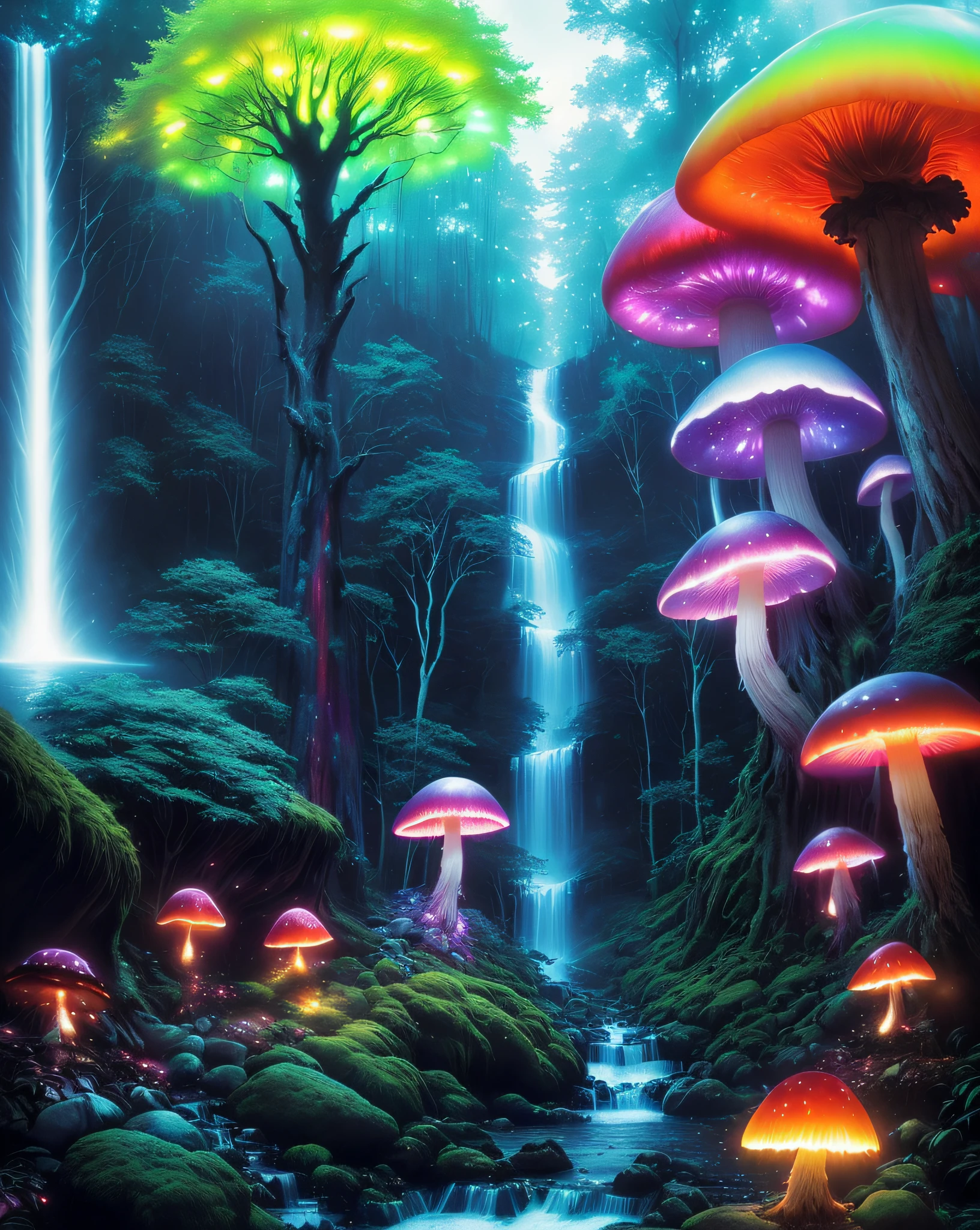 Rainbow Forest、Luminous Tree々、naturey、Luminous mushrooms、Luminous waterfall、mont、A clear day、(Artist Greg Rutkowski:1.3)、(vivd colour:1.3)