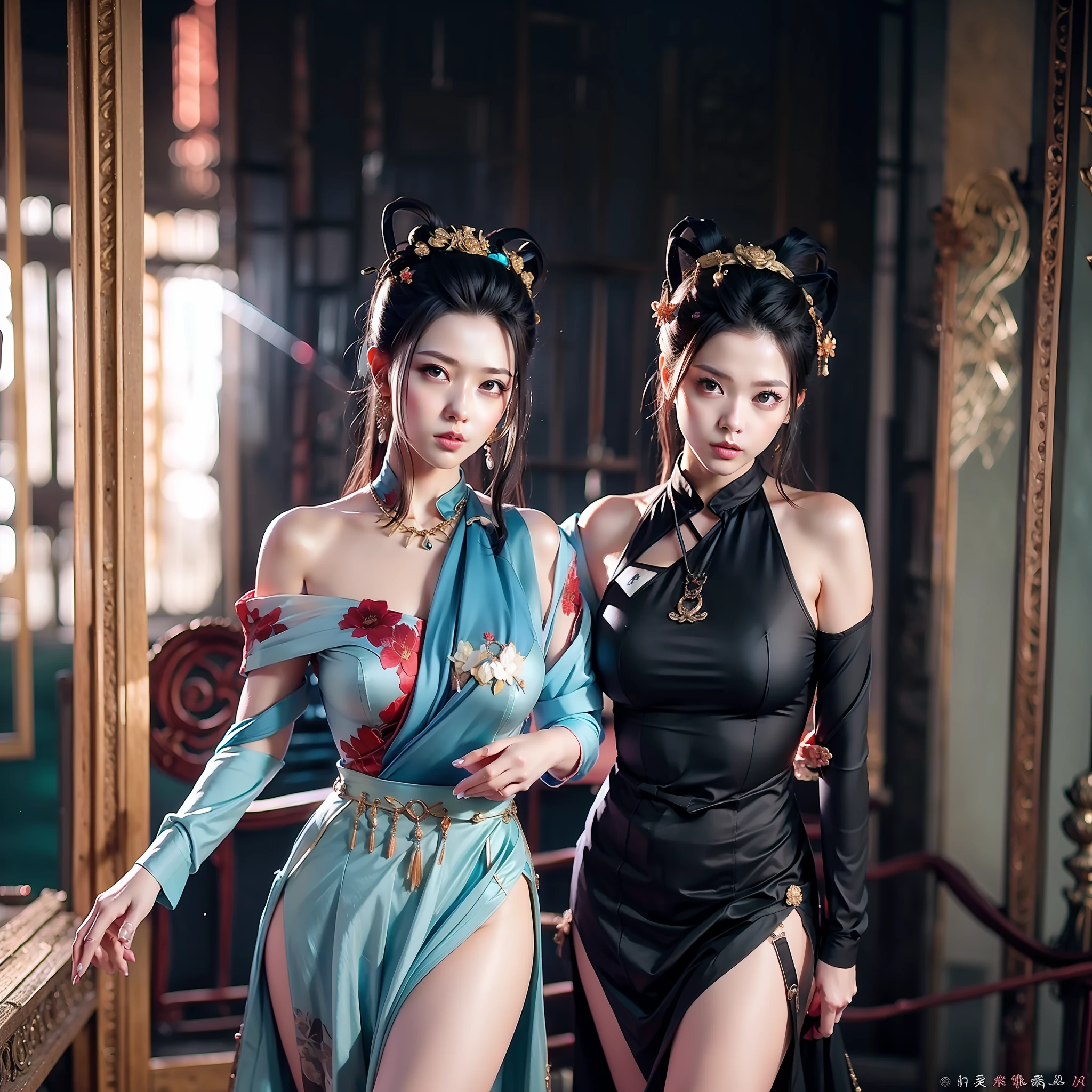bluer hair:1.2,Short hair,femele,Ancient Chinese street scene,Rainy days,Blue cheongsam tight one-piece slit，Broad bare breasts，The skirts parted，Satin,Full-body image，Wet dripping，Holding a green dragon sword in his hand，The sword body is bubbling with cold light，Facial moisture，Expose the collarbone