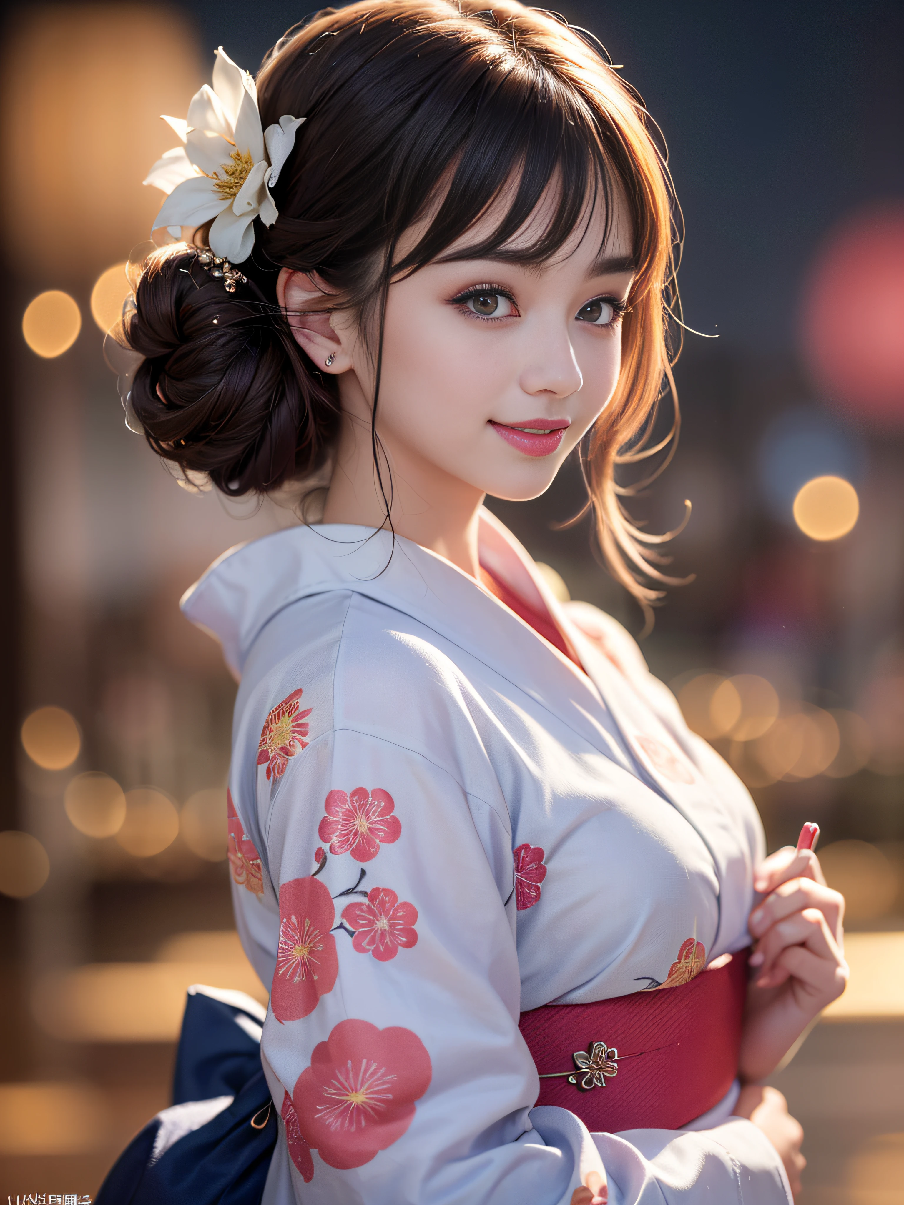 (realistic, photo-realistic:1.37), (masterpiece:1.2), (best quality:1.4), (ultra high res:1.2),(RAW photo:1.2), (sharp focus:1.3), (face focus:1.2), vibrant details, hyperrealistic, (full body:1.37), (1girl wearing detailed yukata:1.5), (23yo:1.1), (happy smile:1.35), (extremely detailed beautiful face and eyes:1.4), (extremely detailed beautiful hair:1.4),delicate composition,(posing:1.2), (young hands:1.2), medium breast, flower hair ornament,(Updo hair:1.3),( lipgloss, eyelashes, gloss-face, glossy skin, best quality, ultra highres, depth of field, chromatic aberration, caustics, Broad lighting, natural shading,Kpop idol:1.2) looking at viewer with a serene and goddess-like happiness,BREAK, (Beautiful fireworks in the night sky background:1.2),(japanese summer festival:1.1), scenery, bangs, beautiful detailed eyes, makeup, looking at viewer, (cute), (soft lighting), finely detail,