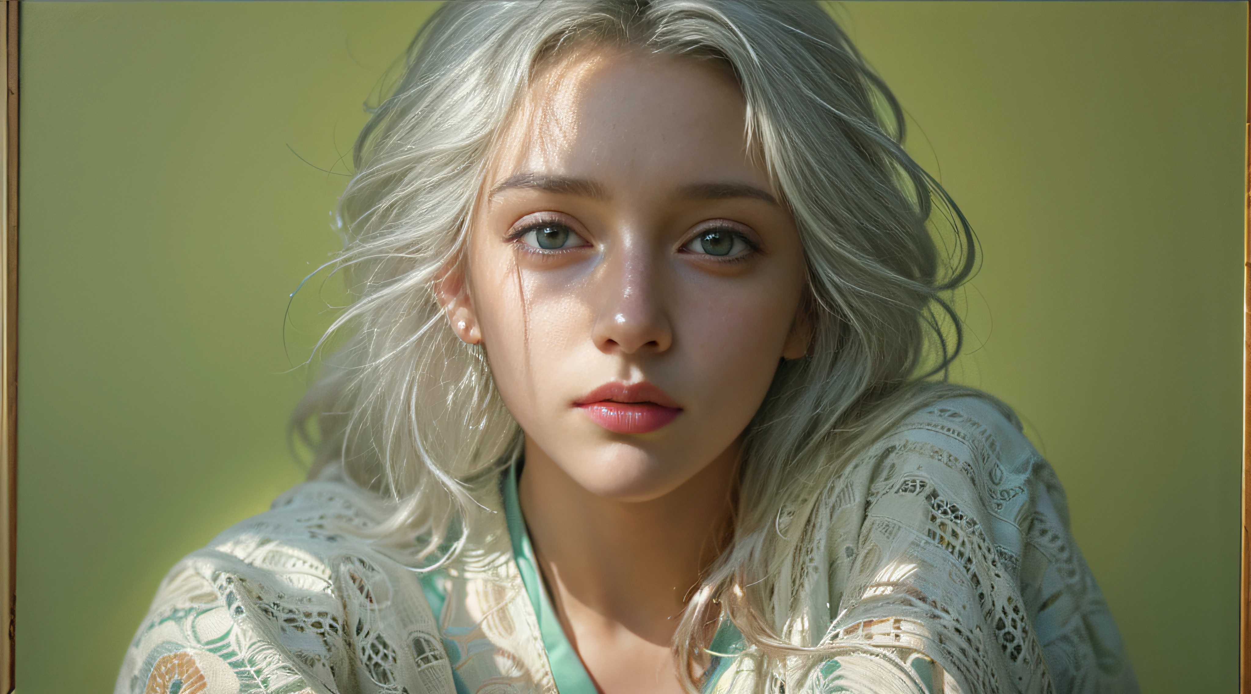 Hyperrealist portrait of female by david hockney and alphonse mucha,fantasy art, photo realistic, dynamic lighting, artstation, poster, volumetric lighting, very detailed faces, 4 k, award winning,, 1girl, in the dark, deep shadow, low key,cowboy shot,(official clothing:1.4) ,long hair,white hair,