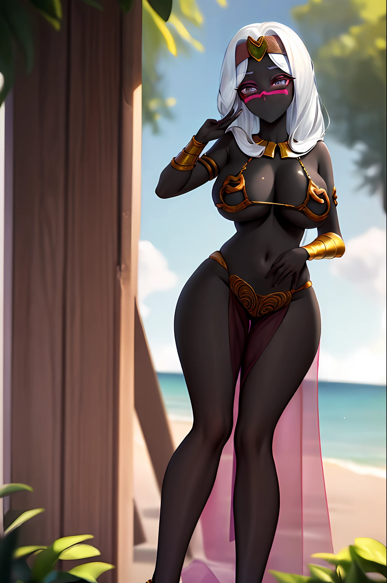 masterpiece, (highres:1.2), (ultra-detailed: 1.2), Queen tyr'ahnee, wearing a slavekini, spread legs, standing, long hair, embarrassed, looking at viewer, depth of field, intricate details, highly detailed, best quality, masterpiece, 4k, raytracing, particle effects, deep depth of field, soft diffused lighting, photographed on a Canon 5D, 24mm ultra wide lens, deep focus, panties pulled aside , 1girl, colored skin, black skin, circlet, facial mark, white hair, long hair, white hair, circlet, pelvis curtain, gold belt, neck ring, bracer, large breasts, purple eyes, no mouth, hand on hip, hand up, thick thighs, queentyr, outdoors, Masterpiece, best quality, Masterpiece, best quality, Masterpiece, best quality, Masterpiece, best quality, Masterpiece, best quality, Masterpiece, best quality