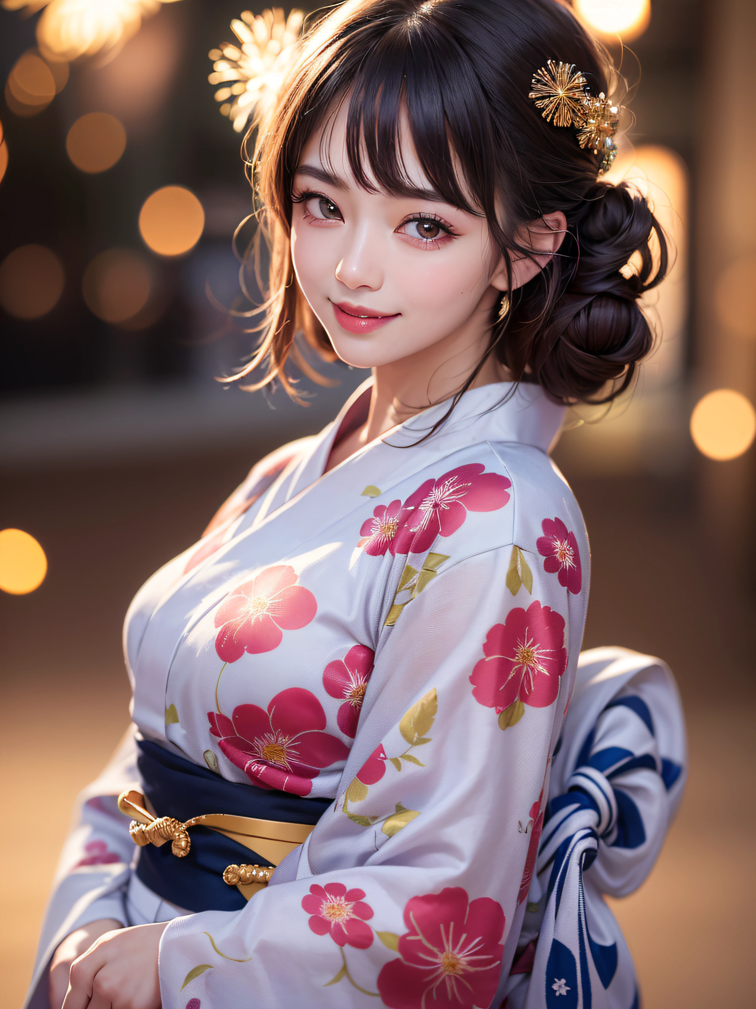 (realistic, photo-realistic:1.37), (masterpiece:1.2), (best quality:1.4), (ultra high res:1.2),(RAW photo:1.2), (sharp focus:1.3), (face focus:1.2), vibrant details, hyperrealistic, (full body:1.37), (1girl wearing detailed yukata:1.5), (23yo:1.1), (happy smile:1.35), (extremely detailed beautiful face and eyes:1.4), (extremely detailed beautiful hair:1.4),delicate composition,(posing:1.2), (young hands:1.2), medium breast, flower hair ornament,(Updo hair:1.3),( lipgloss, eyelashes, gloss-face, glossy skin, best quality, ultra highres, depth of field, chromatic aberration, caustics, Broad lighting, natural shading,Kpop idol:1.2) looking at viewer with a serene and goddess-like happiness,BREAK, (Beautiful fireworks in the night sky background:1.2),(japanese summer festival:1.1), scenery, bangs, beautiful detailed eyes, makeup, looking at viewer, (cute), (soft lighting), finely detail,