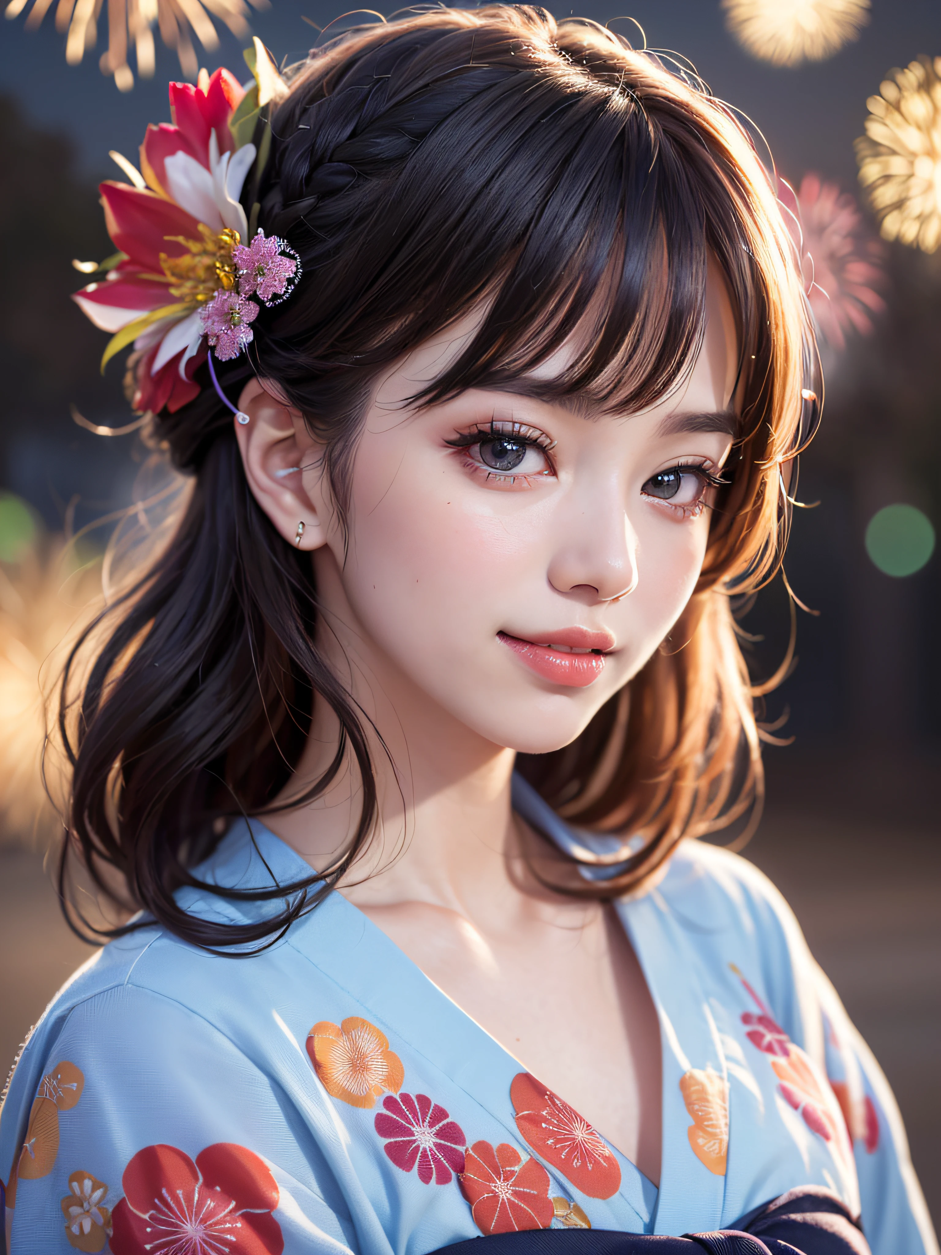 (realistic, photo-realistic:1.37), (masterpiece:1.2), (best quality:1.4), (ultra high res:1.2),(RAW photo:1.2), (sharp focus:1.3), (face focus:1.2), vibrant details, hyperrealistic, (full body:1.37), (1girl wearing detailed yukata:1.5), (23yo:1.1), (happy smile:1.35), (extremely detailed beautiful face and eyes:1.4), (extremely detailed beautiful hair:1.4),delicate composition,(posing:1.2), (young hands:1.2), medium breast, flower hair ornament,(Updo hair:1.3),( lipgloss, eyelashes, gloss-face, glossy skin, best quality, ultra highres, depth of field, chromatic aberration, caustics, Broad lighting, natural shading,Kpop idol:1.2) looking at viewer with a serene and goddess-like happiness,BREAK, (Beautiful fireworks in the night sky background:1.2),(japanese summer festival:1.1), scenery, bangs, beautiful detailed eyes, makeup, looking at viewer, (cute), (soft lighting), finely detail,