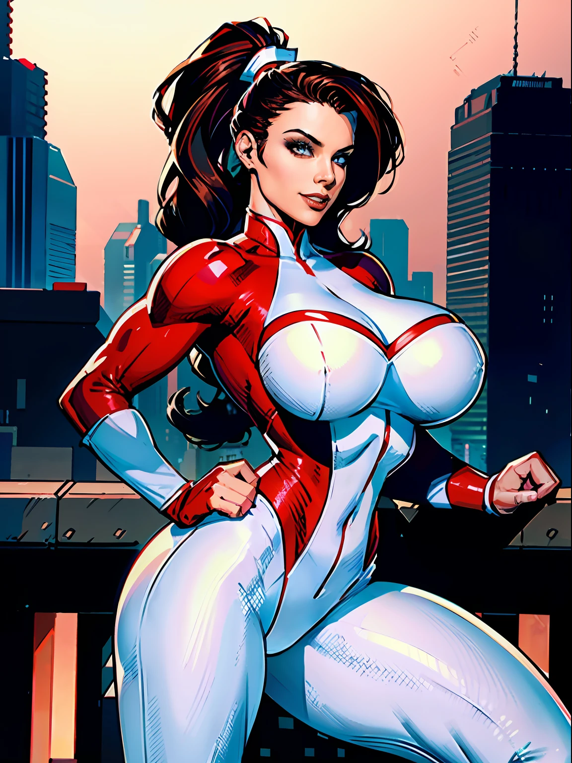 1girl, Stretcher the busty comic book woman, masterpiece, beautiful, high quality, high definition, superb quality, highly detailed, insane detail, sexy pose, posing for cameras, hands on hips, happy, smiling, stretching, hand on hip, long hair, huge ponytail, slim, thin, athletic, womanly, rubbery, elastic woman, (white and red spandex, white and red legs, tight top), rubber body, brunette, ((huge breasts, slim waist)), city, heroic, cheerful, (bold nose, hawkish facial features),