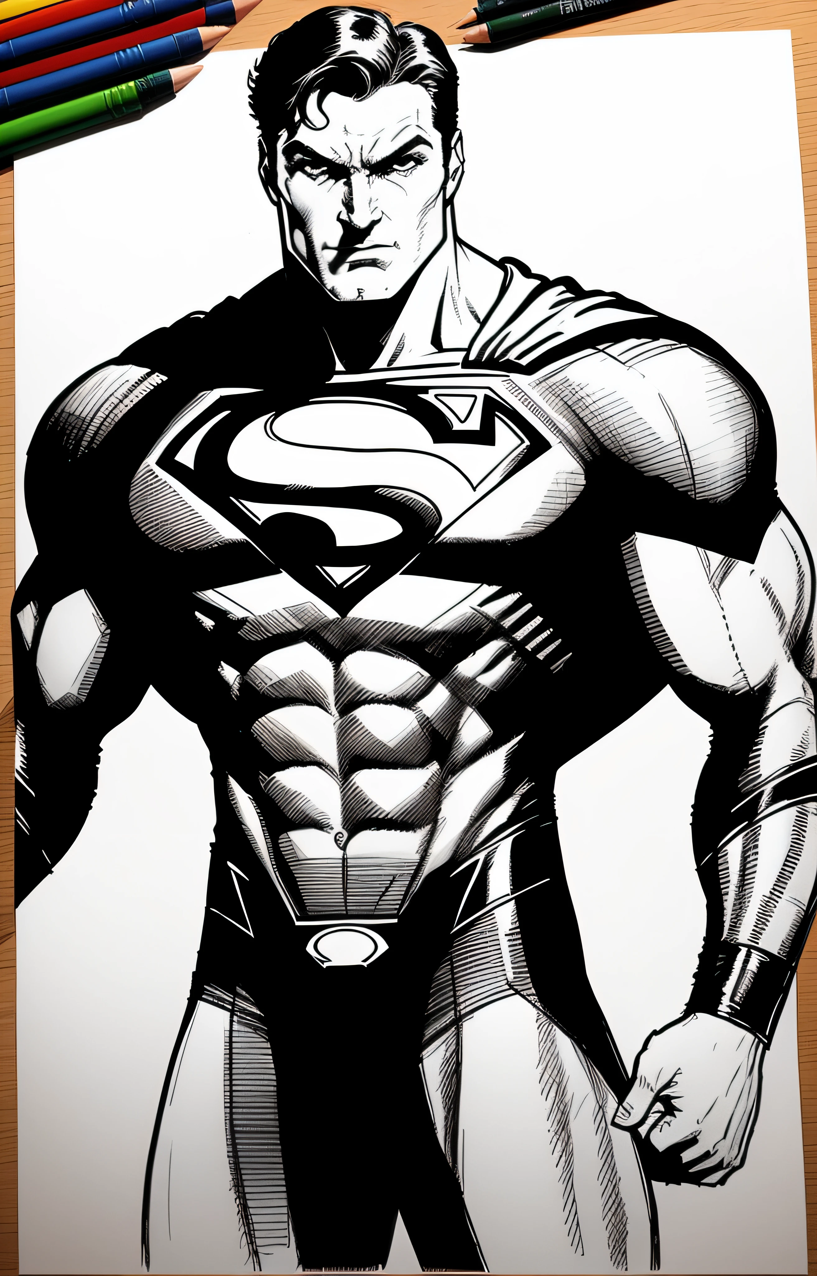 Um desenho de um homem com um terno do Superman em, inspirado em Jim Lee, inspirado em Frank Miller, Super-homem, inspirado em Neal Adams, pose do super-homem, Superman emergindo do sol, desenho de quadrinhos, Estilo Frank Miller, Estilo de Frank Miller, inspirado em Ryan Stegman, Estilo de Arte DC Comics, inspirado por Hal Foster, arte em quadrinhos de rafael albuquerque, high quality sketch