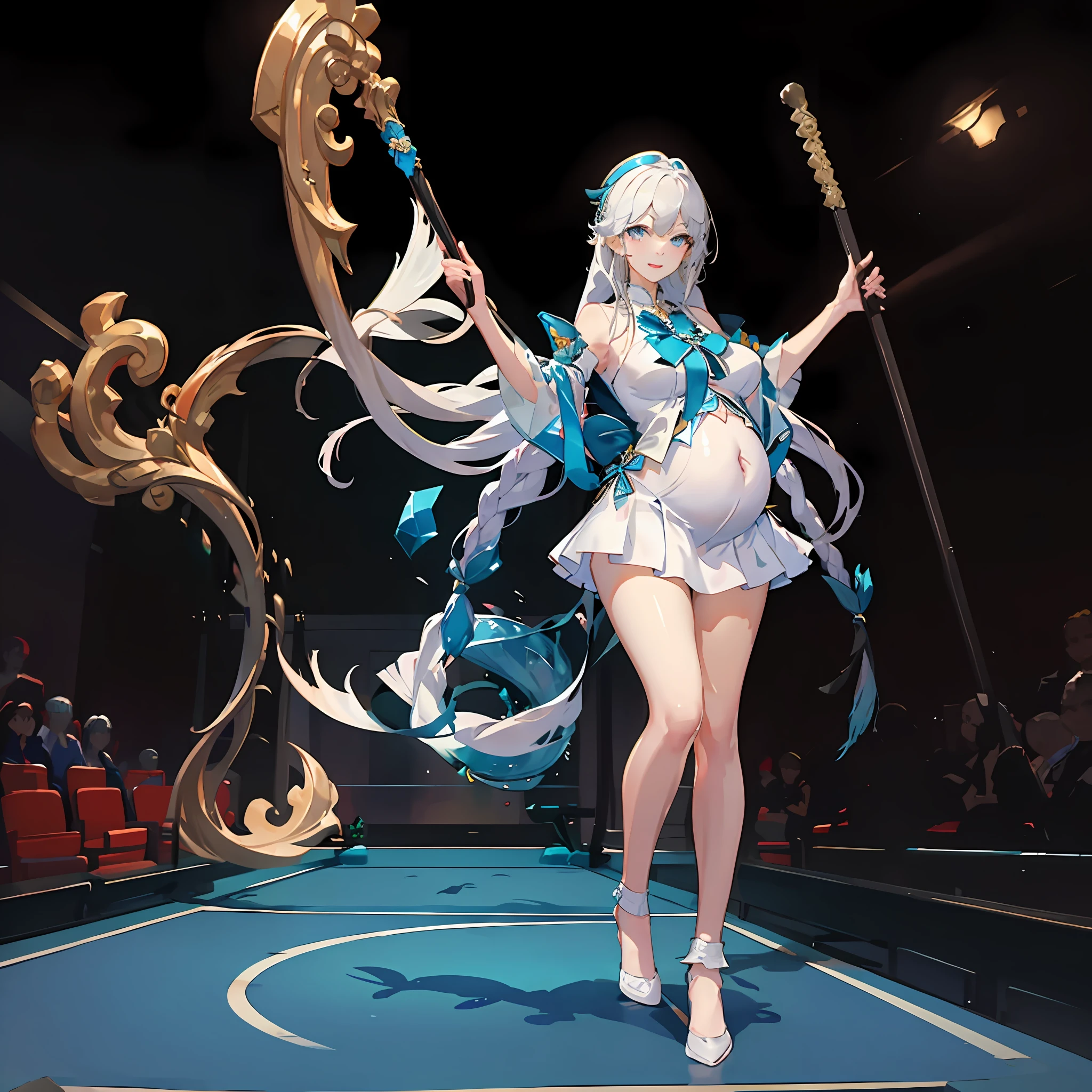 hoang lap、tmasterpiece、Best quality、realisticlying、Hyper-detailing、(Shiny skin,sweat leggs:1.4)、Slim、Look at the audience、1girll、Solo、tennis wear、White polo shirt、White sneakers、white mini-skirt、long whitr hair、silber hair、eBlue eyes、(thick thight:0.5)、动态照明、A high resolution、sharp fokus、depth of fields、Large breasts,Pregnant belly,Pregnant women with,a navel,A pair of hands,ssmile,Eyes are loving,Lines of a tight grid,perfect bodies,Wearing white stockings