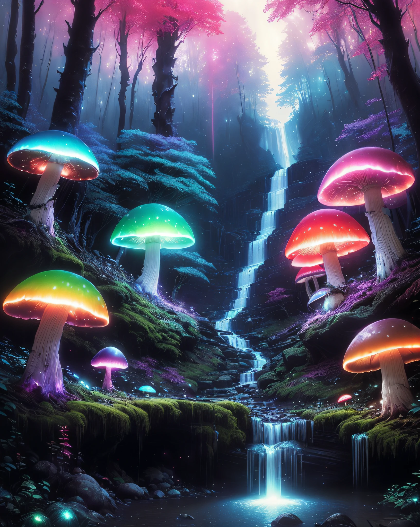 Rainbow Forest、Luminous Tree々、naturey、Luminous mushrooms、Luminous waterfall、mont、A clear day、(Artist Greg Rutkowski:1.3)、(vivd colour:1.3)