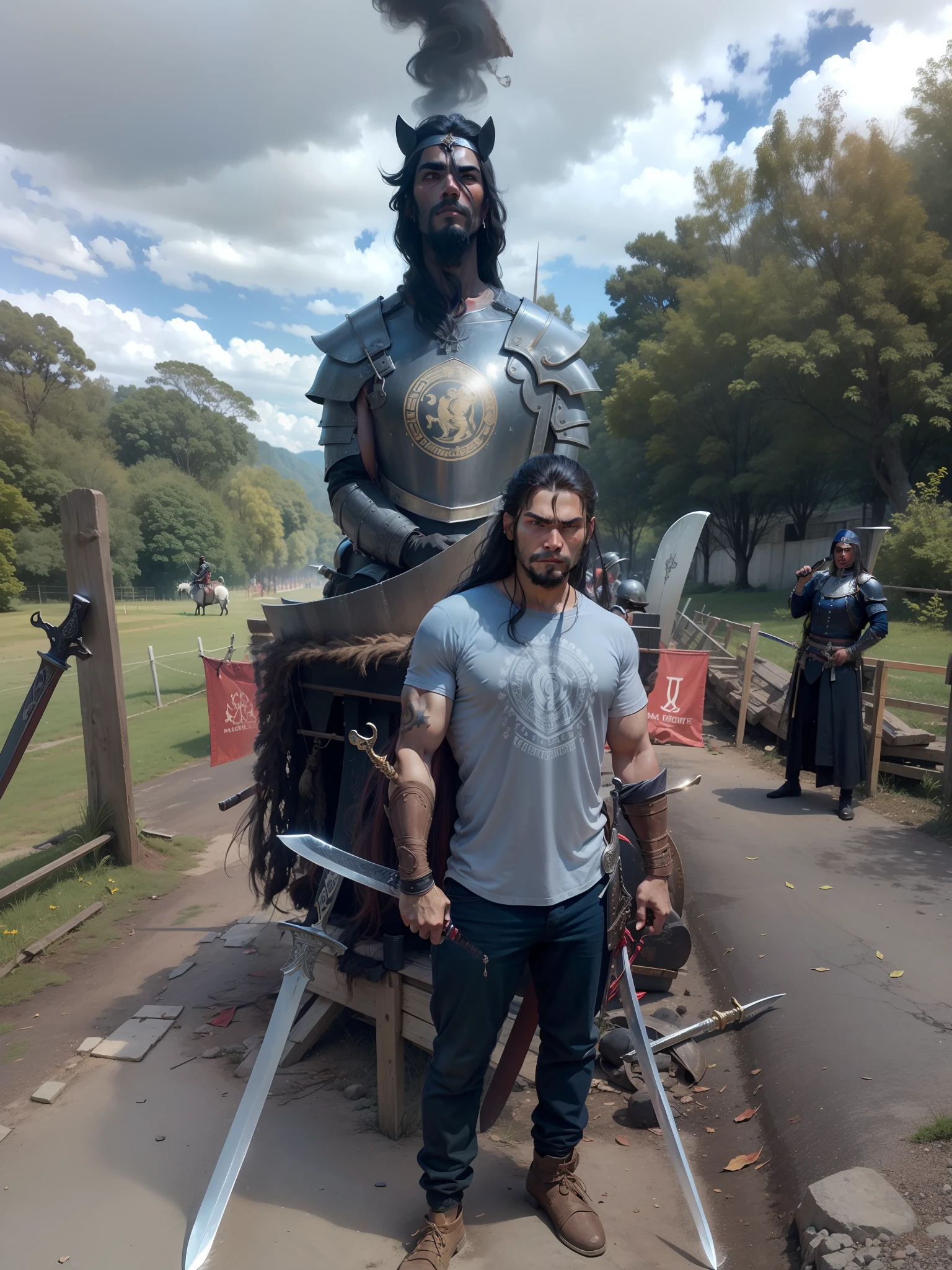 Latin American warrior with long hair and sword in hand