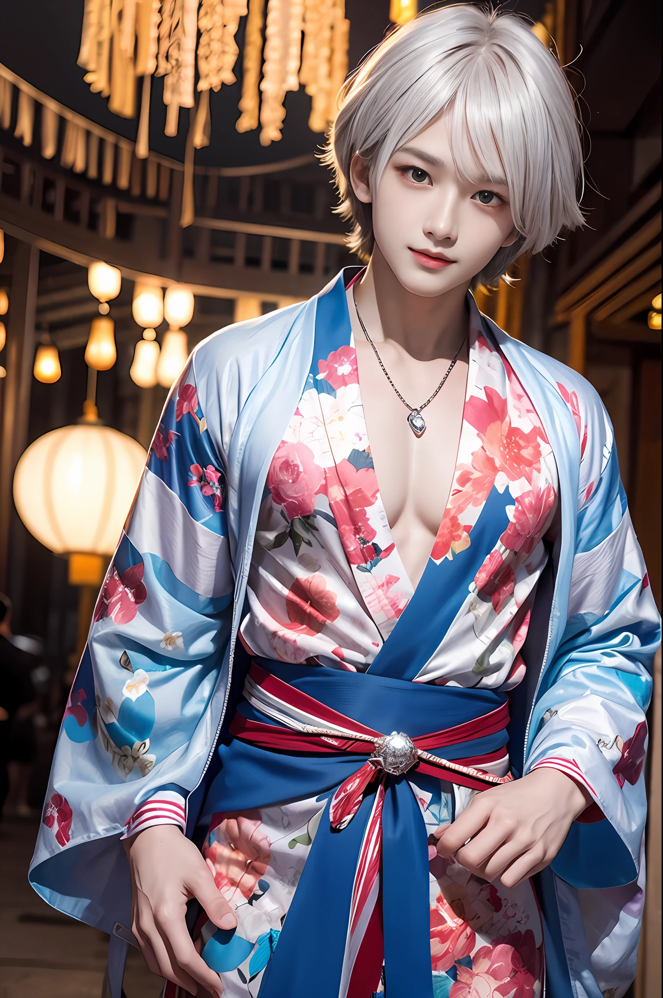 top-quality, ​masterpiece, hight resolution, 1 juvenile, Male Focus, 独奏, Beautiful Boys, put hands on the hip, cleavage of the breast, Look at viewers, A smile, Opening Mouth, Summer Festivals,  paper lanterns, Blue yukata, beautiful  lighting, a handsome, male people, ighly detailed。Young men。male in his 20s。(((male people)))。silber hair。Silver hair。Silver hair。
