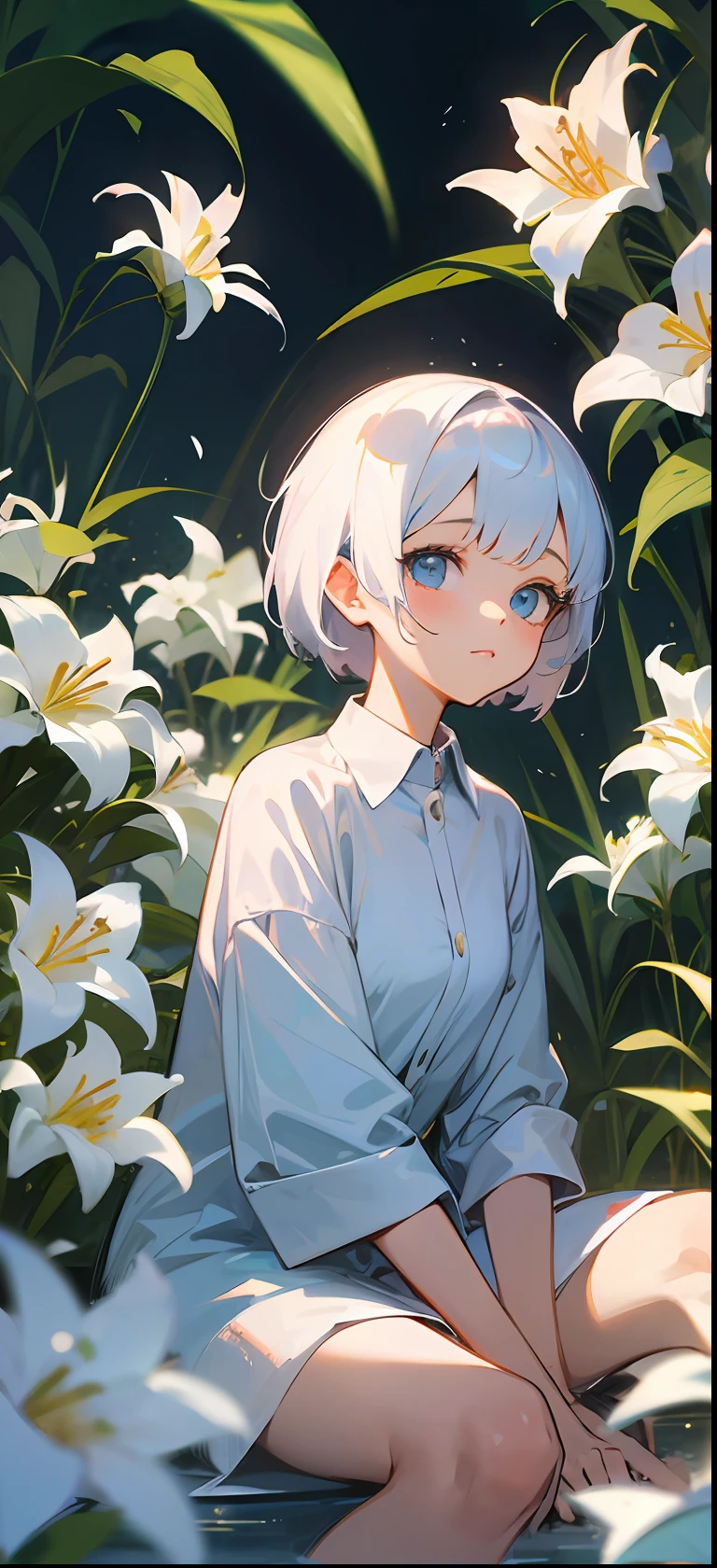 lily flowers,1girl,white short hair, light blue eyes,sunny,bestquality