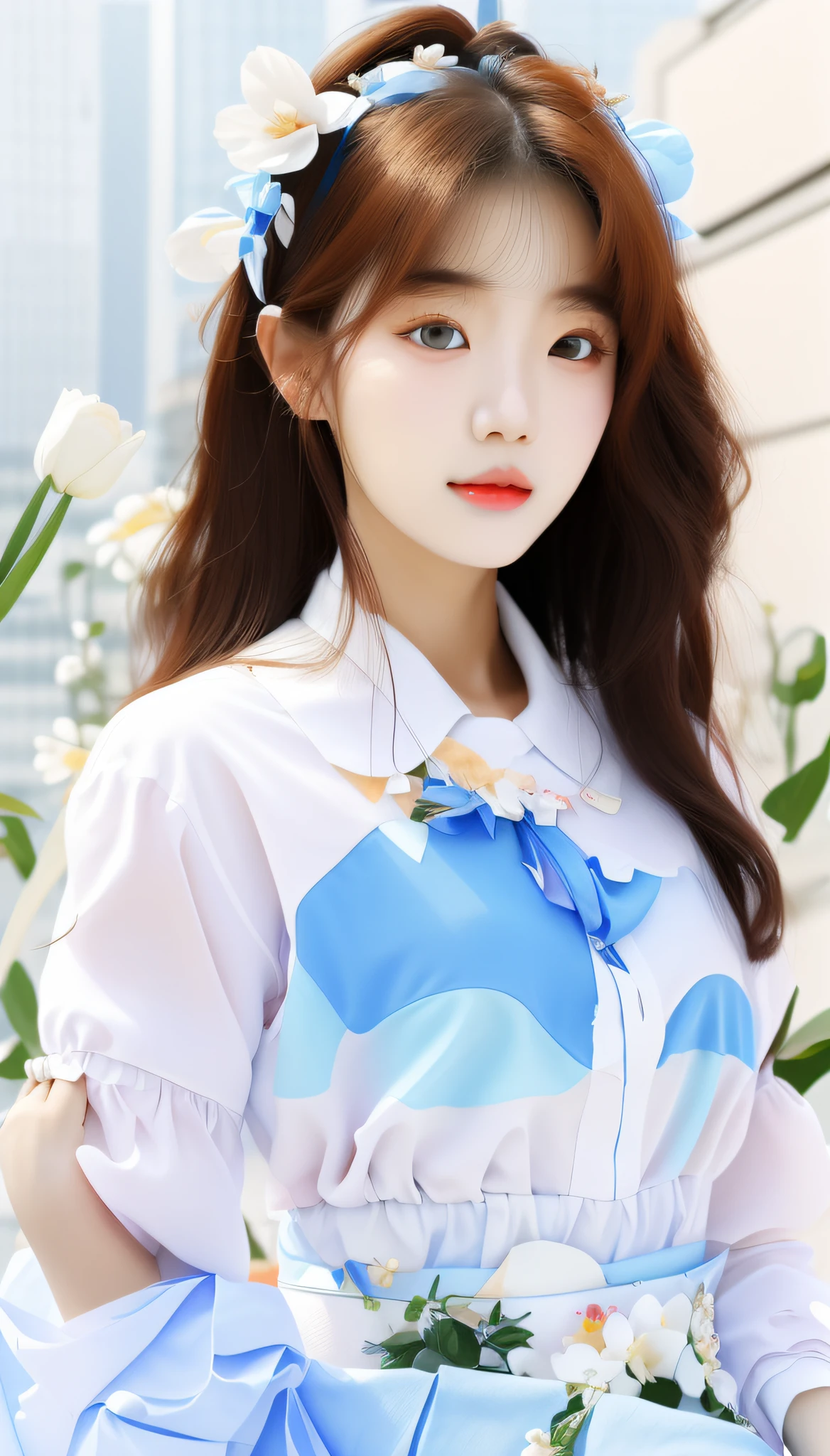 Close-up of a woman in a white shirt and blue dress, beautiful Korean women, Gorgeous young Korean woman, Beautiful young Korean woman, jaeyeon nam, Korean girl, portrait of female korean idol, Shin Jinying, Choi Hyun-hwa, hwang se - on, Lee Ji-eun, lee ji eun, young lovely Korean faces
