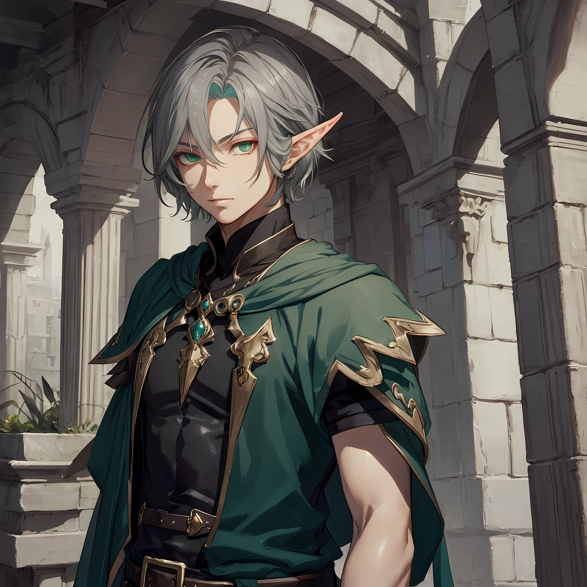 masterpiece, best quality, 1man, adult, male focus, solo, gray hair, vibrant green eyes, short hair, looking at viewer, closed mouth, Fantasy aesthetics, Highly detailed, shadowverse style, elf attire, elf ear