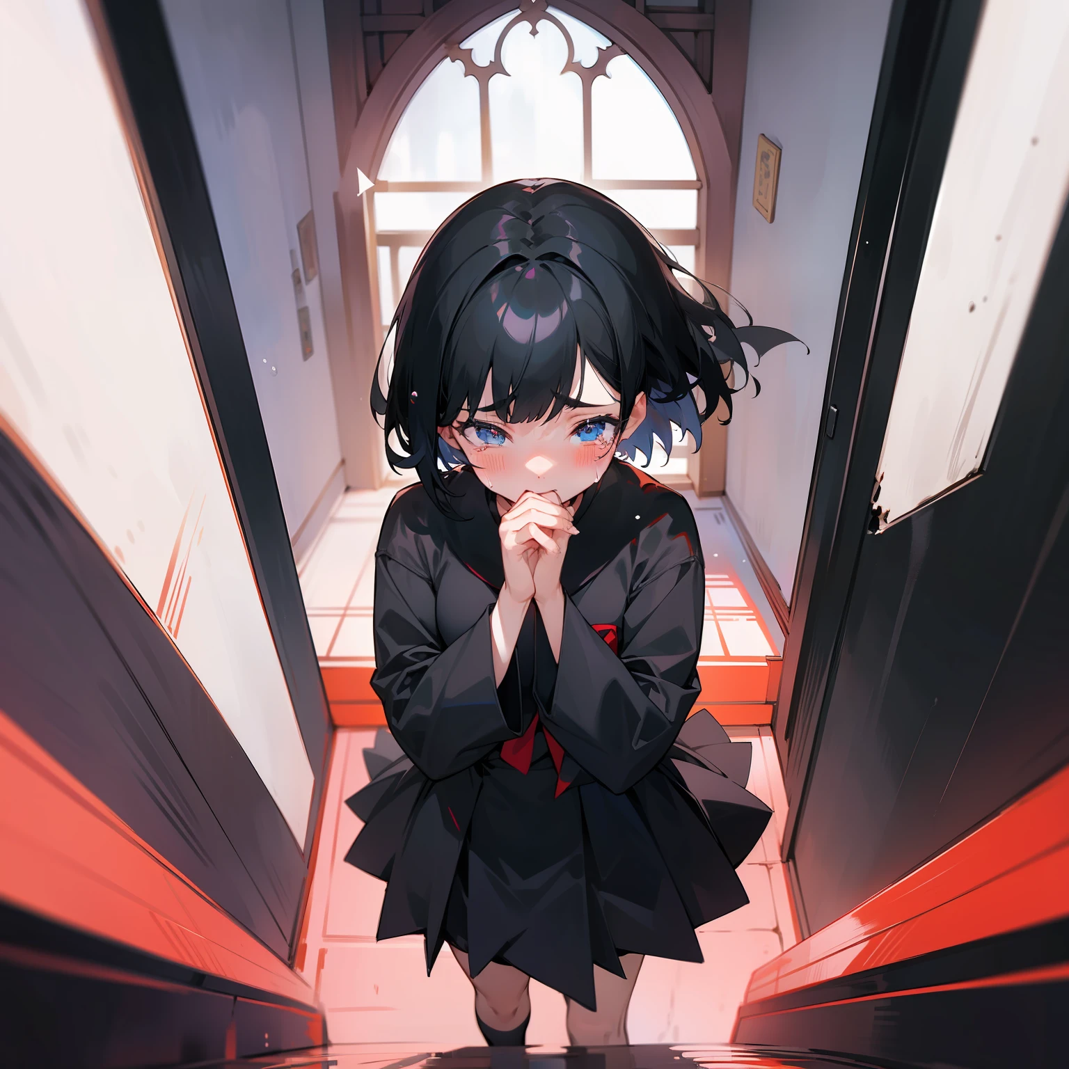 the girl with black hair，校服，short detailed hair，effeminate，teardrop，vred，doorways，weeping，Cover your tears with your hands