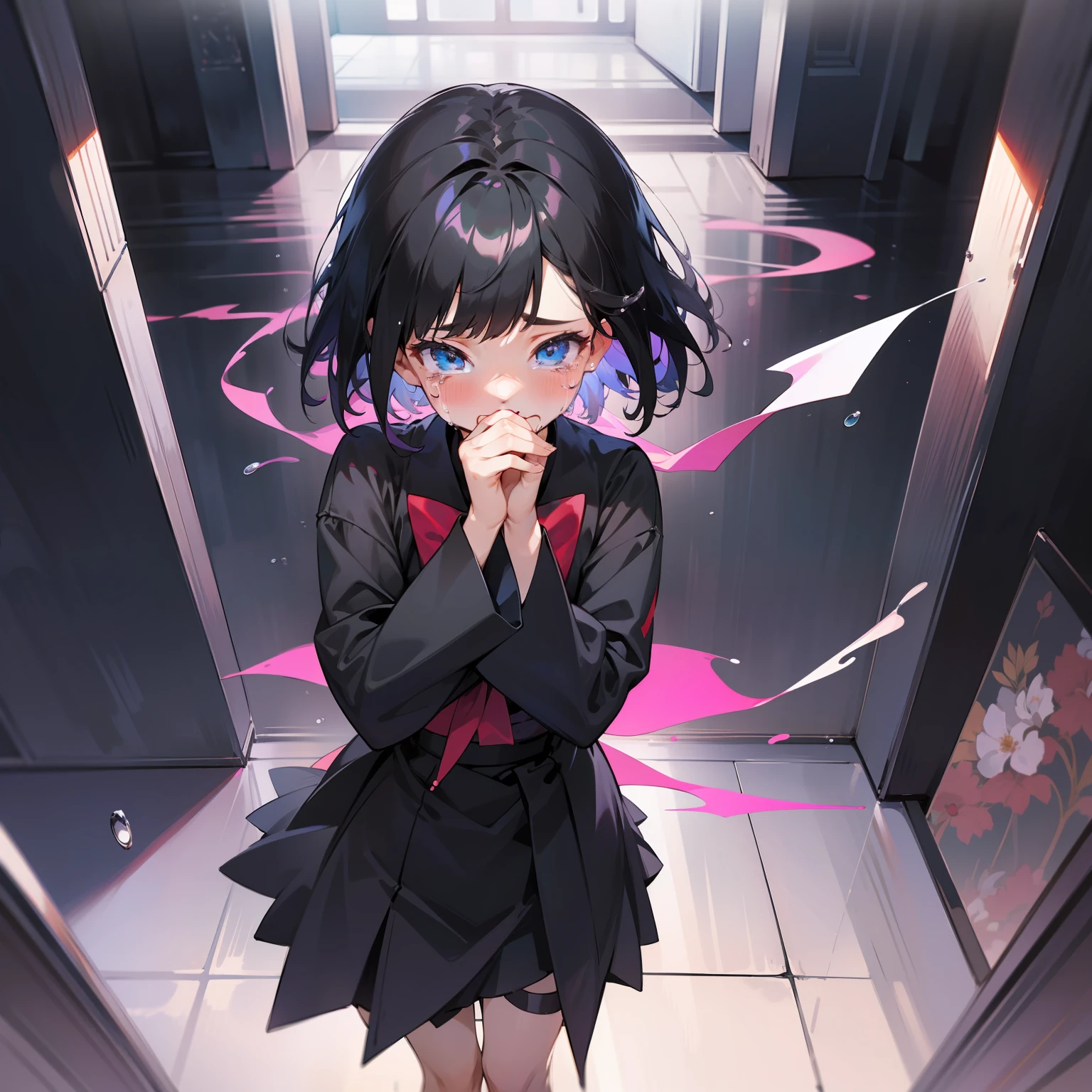 the girl with black hair，校服，short detailed hair，effeminate，teardrop，vred，doorways，weeping，Cover your tears with your hands