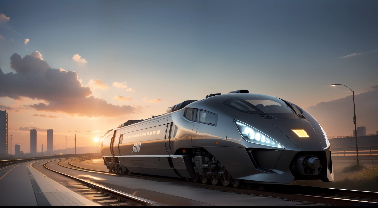 In the future, high-speed trains run on railroad tracks, The background is the big scene of the future of technology, Sunshine during the day。Close-up of the front of the car, Streamlined front exterior design, Large area windows, Clear block relationships, Rich ribbed shape design。, UHD, masterpiece