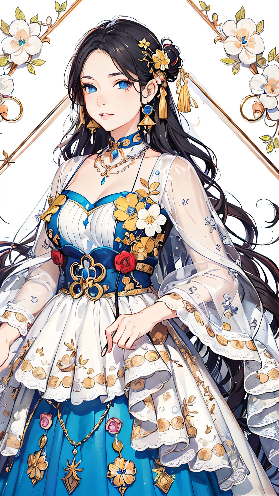 Anime girl in blue dress with white and gold dress and umbrella, a beautiful fantasy empress, ((a beautiful fantasy empress)), high detailed official artwork, Detailed digital anime art, detailed anime character art, Anime goddess, Detailed anime artwork, highly detailed exquisite fanart, detailed anime art, beautiful and seductive anime woman, cute anime waifu in a nice dress, detailed portrait of an anime girl