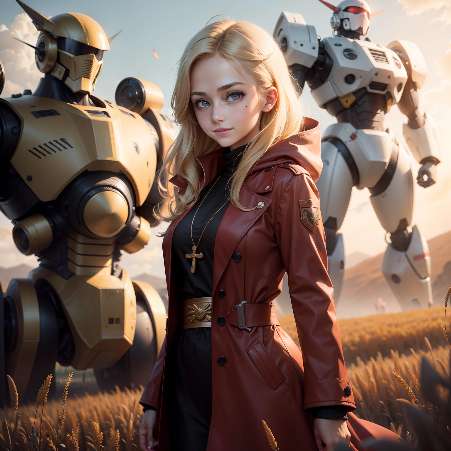 Redcoat，orthodox，Big eyes，orient，Future doomsday winds，Sweet smile，solid，A mole under the left eye，blond hairbl，Issuing，exteriors，autumnal，field，Flying，mechs