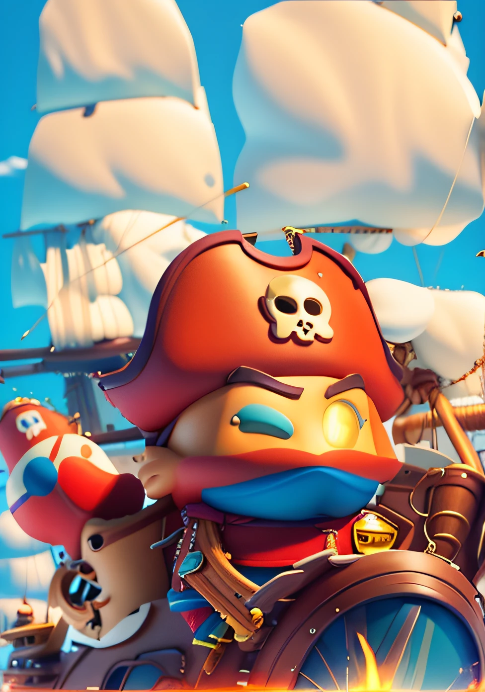 poster for,3D,A pirate pilots a pirate ship,Cartoon Cute,Lots of detail,sense of space front and rear is obvious,The picture should be impactful