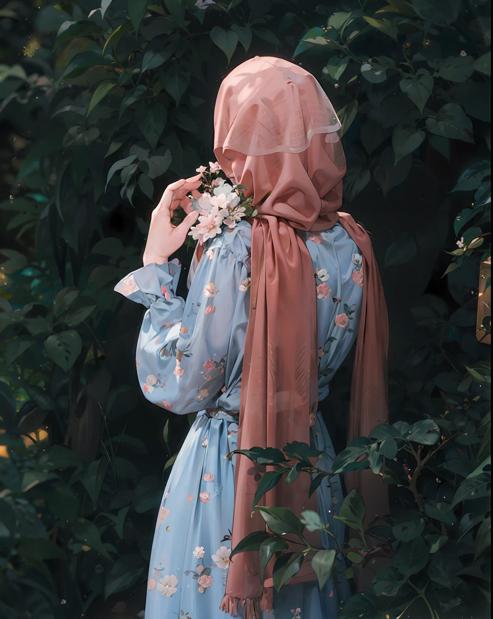 woman wearing hijab with her back, holding flowers against a light blue garden background