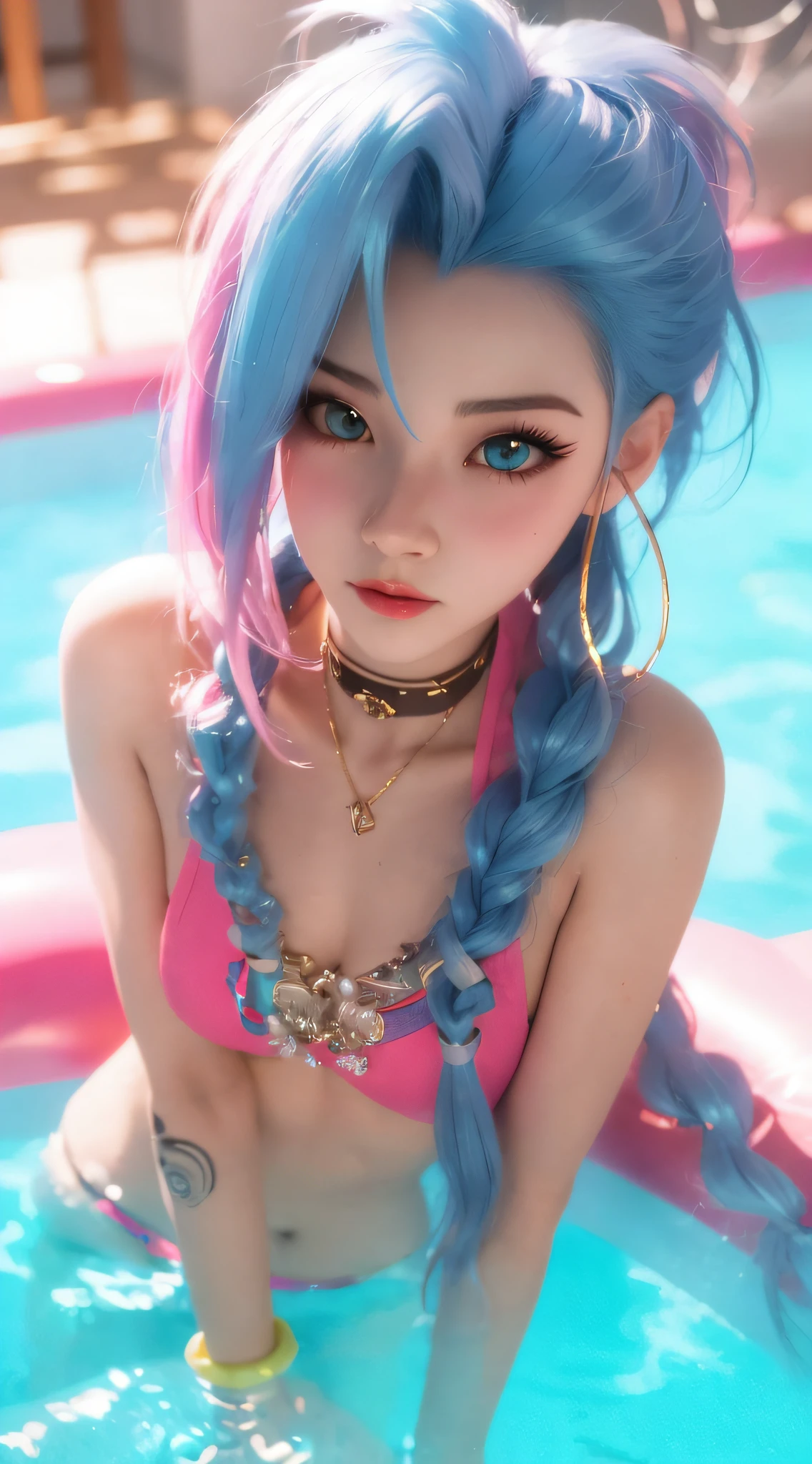 Alafed girl with blue hair and pool piercing, Guviz-style artwork, Anime style. 8K, style of anime4 K, anime styled 3d, Guviz, Deviantart ArtStation CGSCOSIETY, In the style of Ross Tran, pink twintail hair and cyan eyes, Realistic anime 3 D style